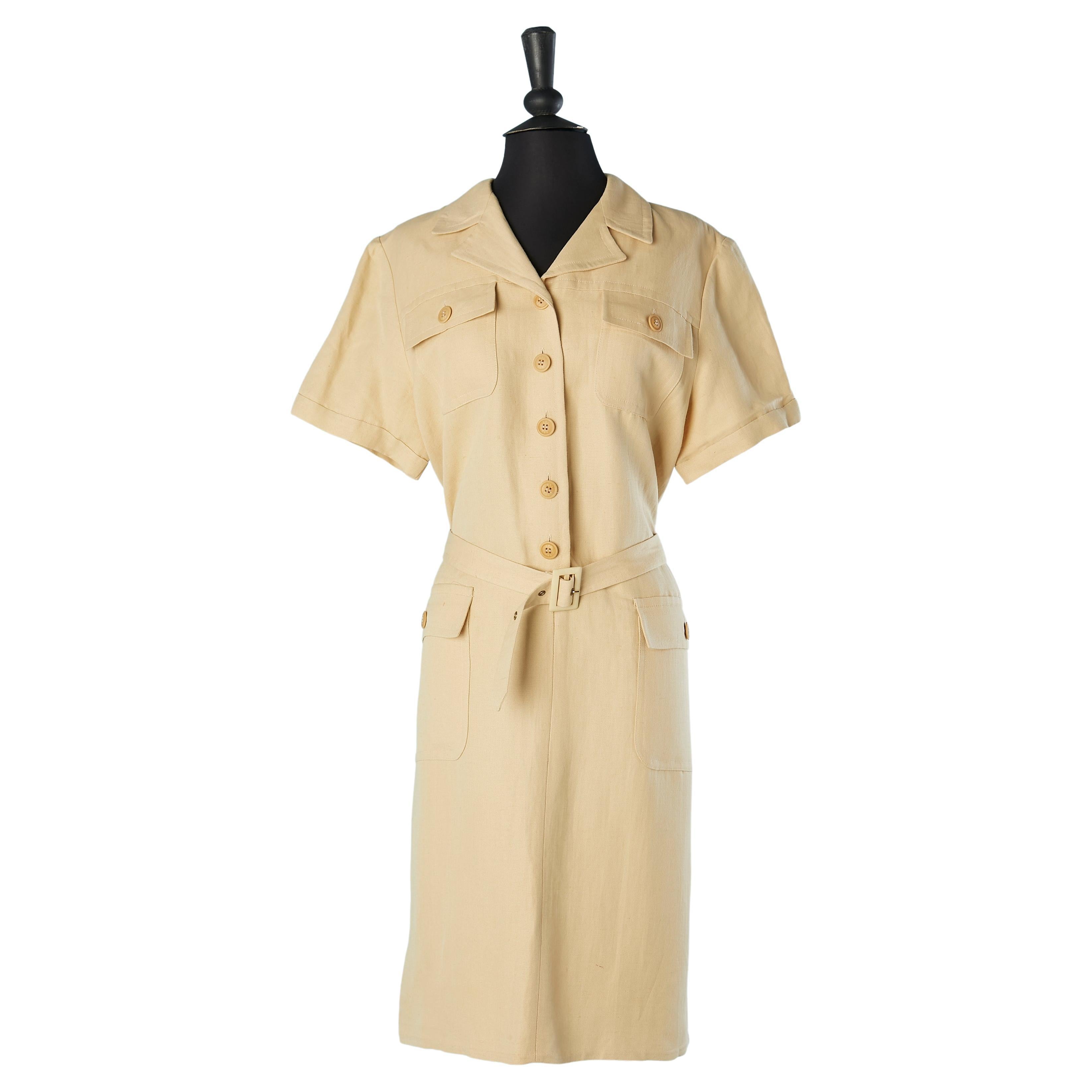 Beigefarbenes Safari''s Kleid aus Leinen und Baumwolle von Yves Saint Laurent Variation  im Angebot