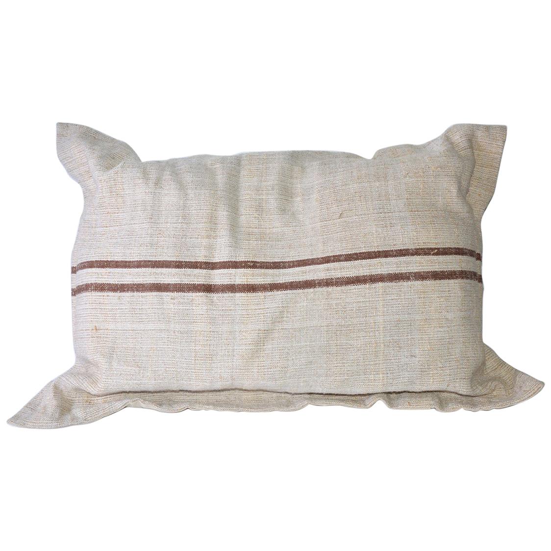 Beige Linen Pillow with Brown Double Stripes