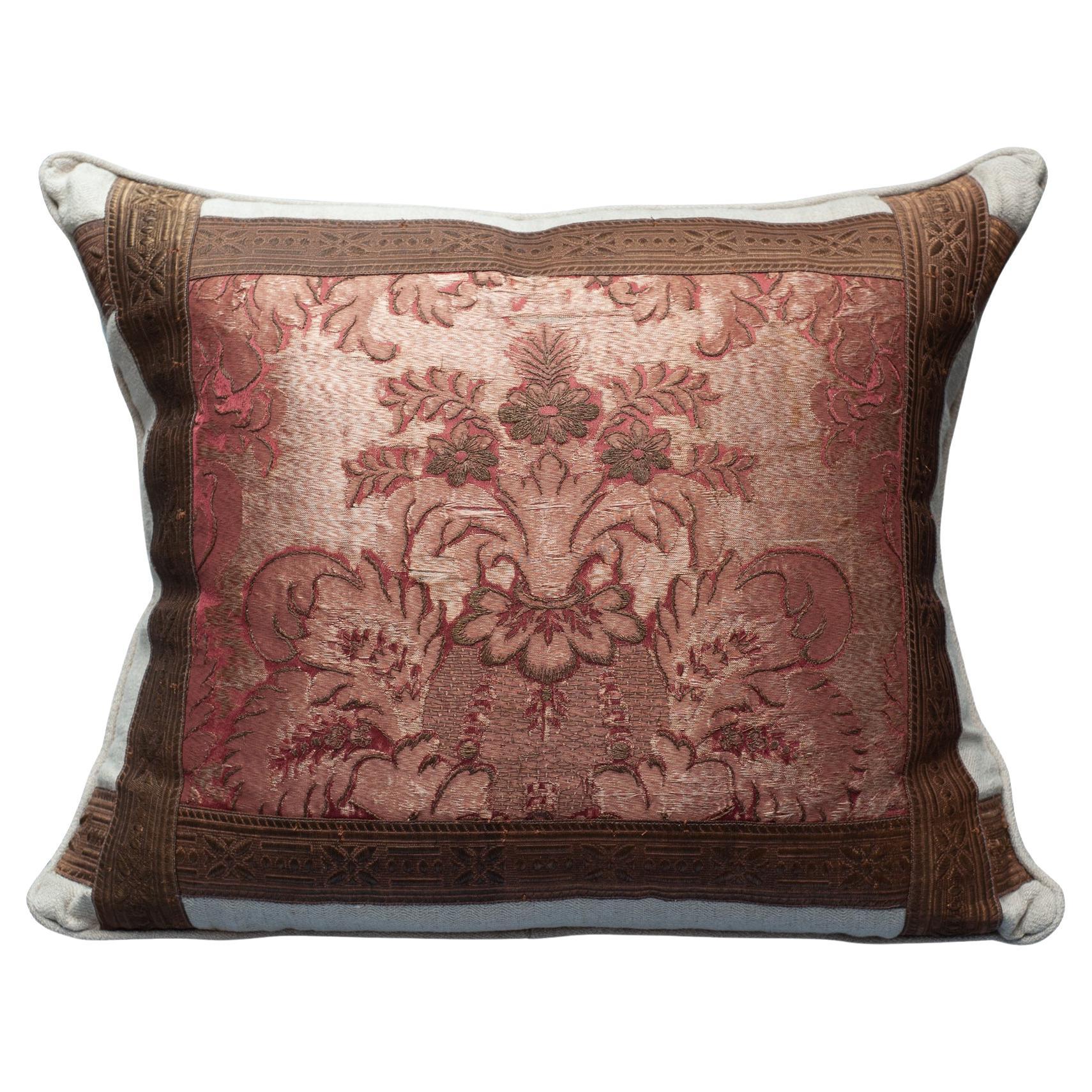 Beige Linen Pillow with Red Antique Embroidered Textile Panel For Sale