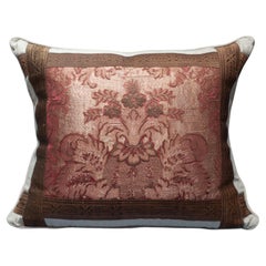 Beige Linen Pillow with Red Antique Embroidered Textile Panel