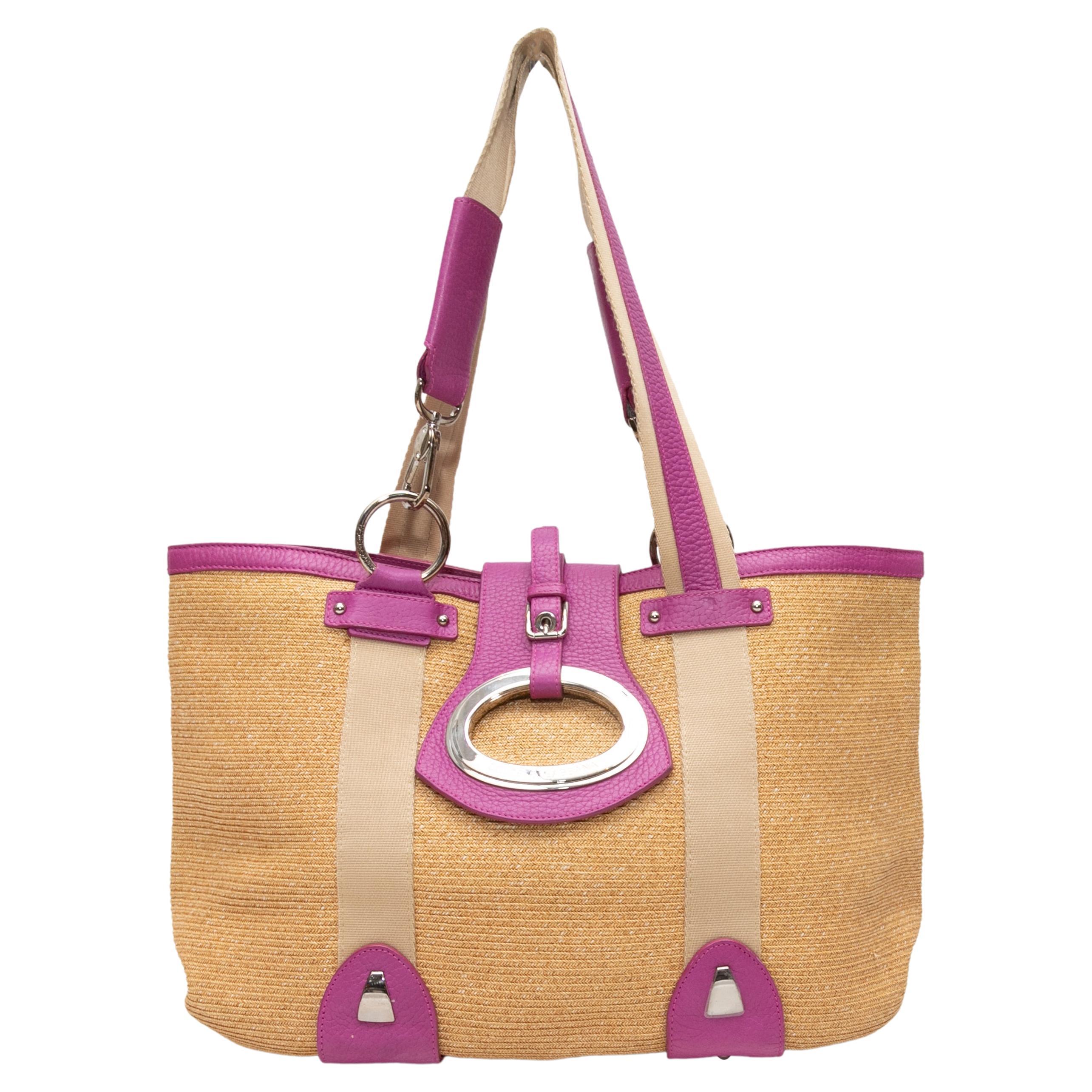 Beige & Magenta Dolce & Gabbana Straw Tote Bag For Sale