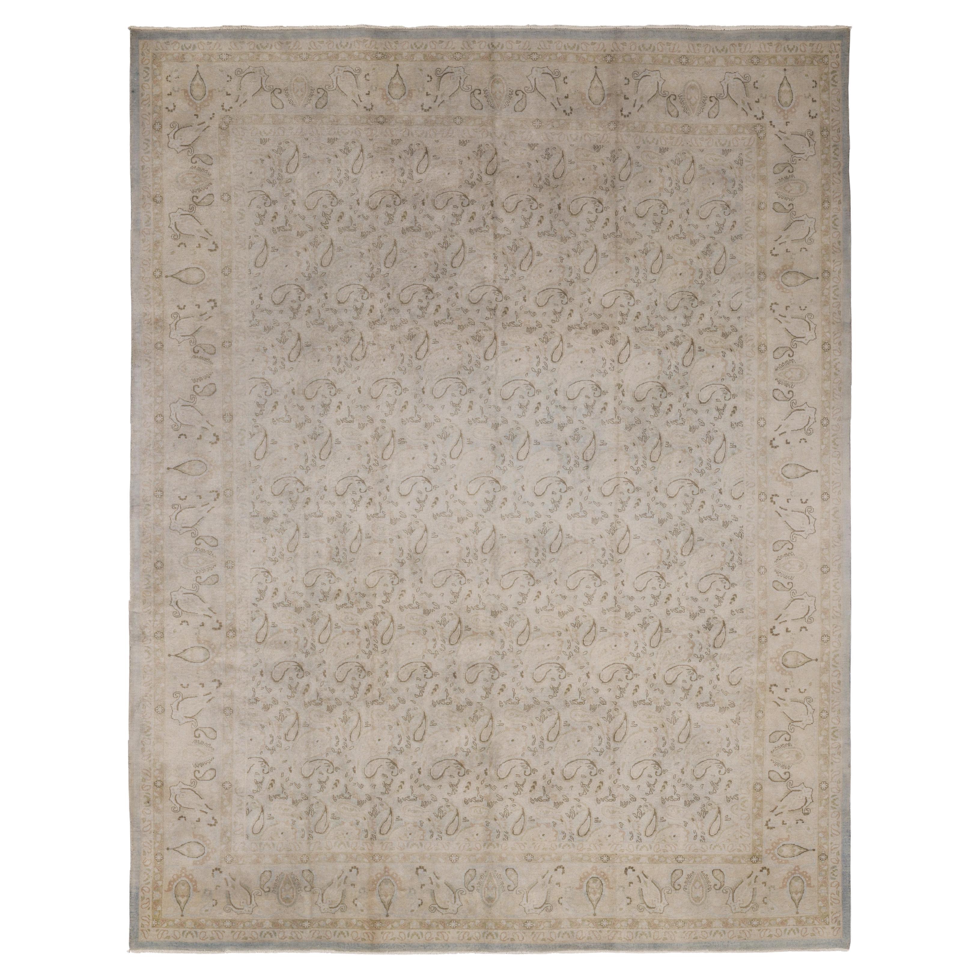 Beige Mashad Wool Hand Knotted Rug 10 ft x 13 ft, Almond Boteh Elegance