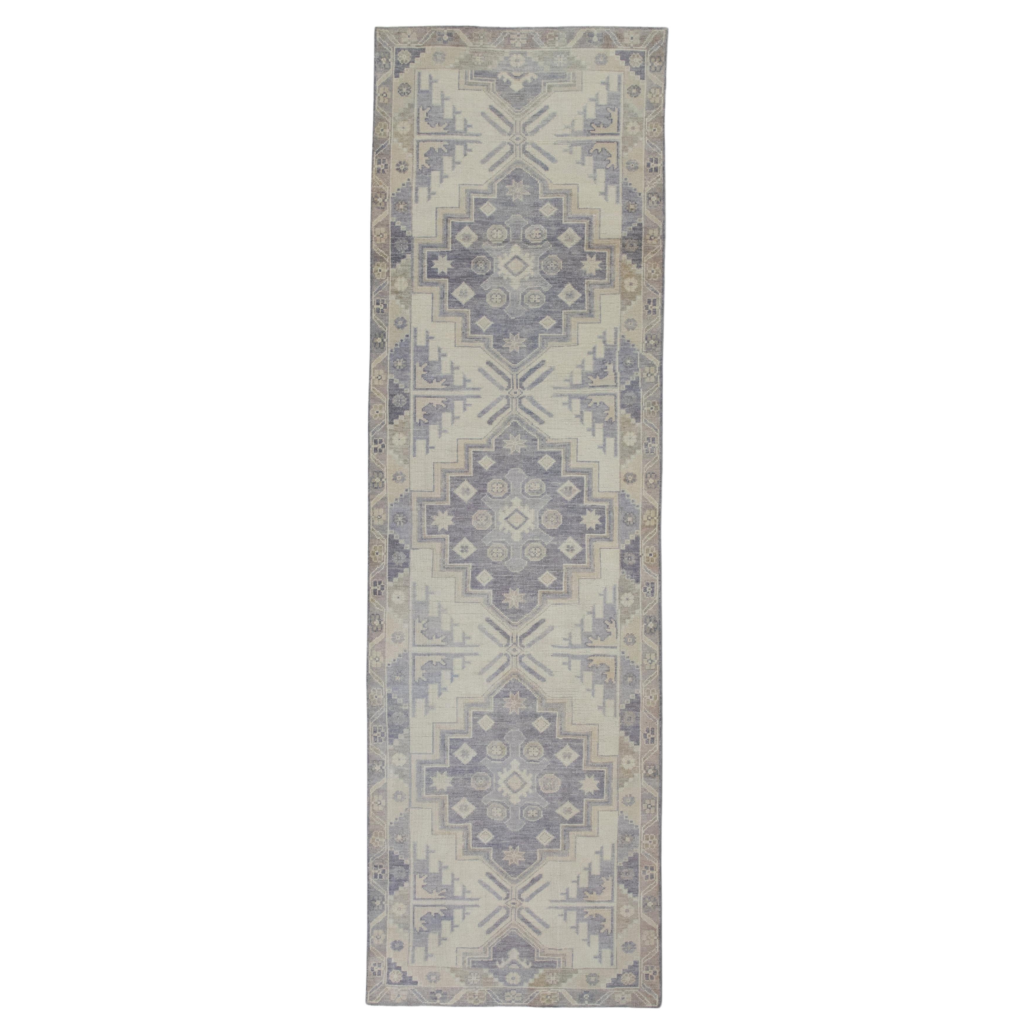 Beige & Mauve Handwoven Wool Turkish Oushak Runner 4' X 13'3" For Sale