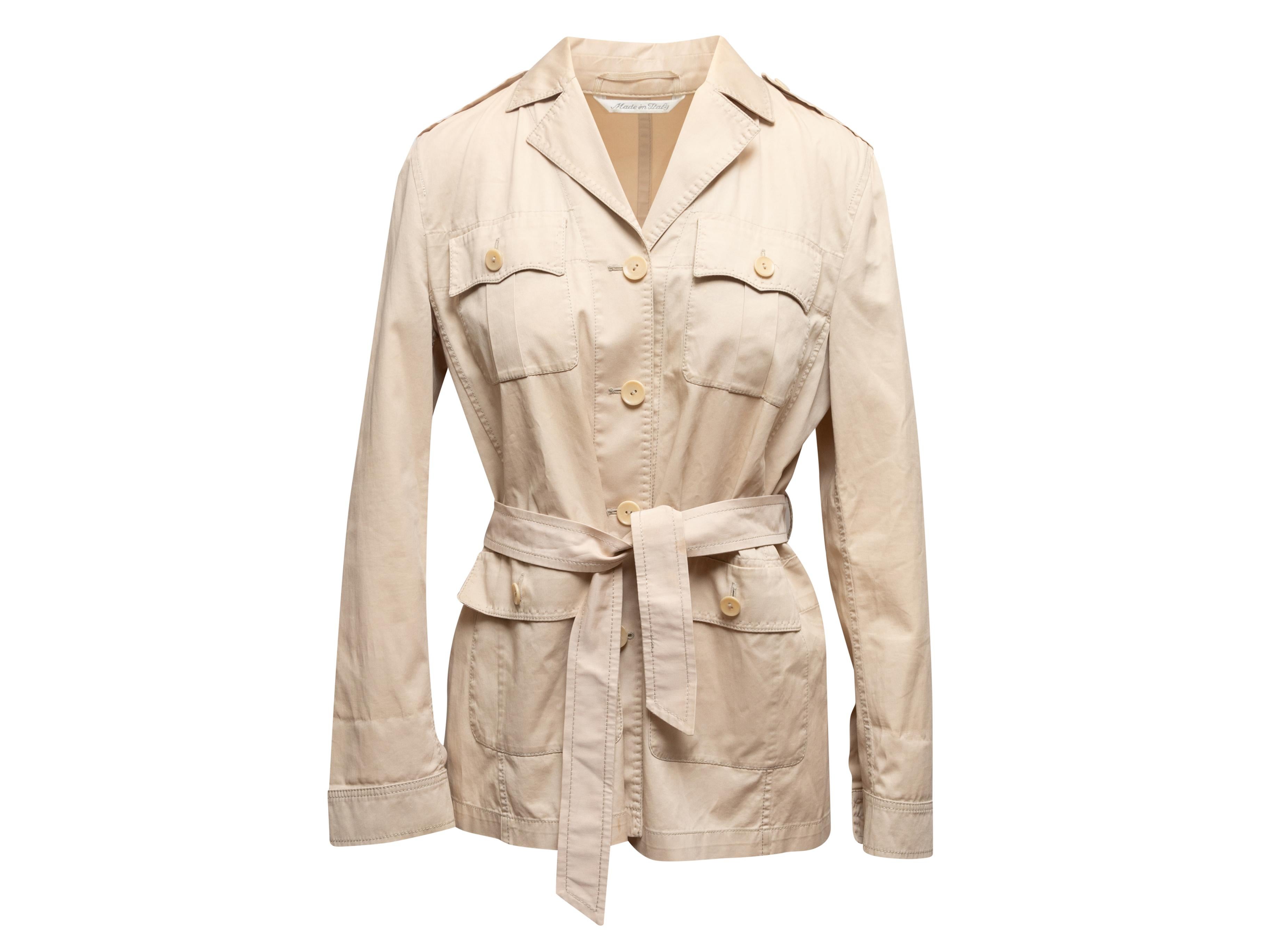  Beige cargo jacket by Max Mara. Notched lapel. Four flap pockets at front. Sash tie at waist. Front button closures. 40