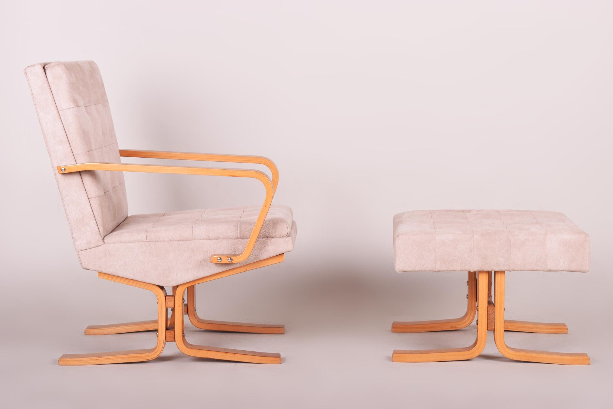 Armchair with foot stool, midcentury, Czechoslovakia
Period: 1960-1969
Material: Oak

Stool dimensions:
Height 37cm (14.57 in)
Width 52cm (20.47 in)
Depth 52cm (20.47 in).