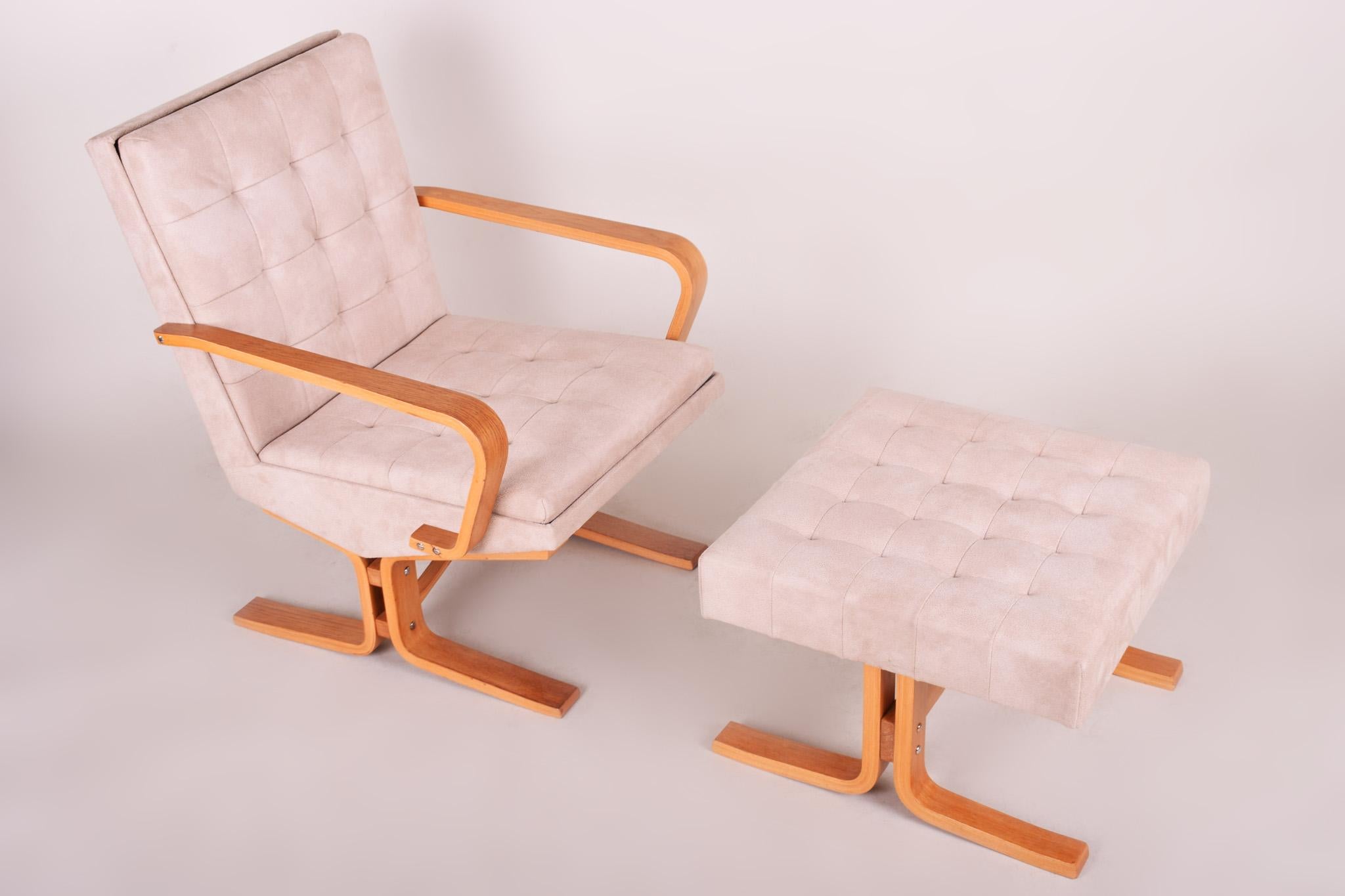 Mid-Century Modern Beige Mid Century Armchair with Foot Stool Made in the 1960s, Refurbished For Sale