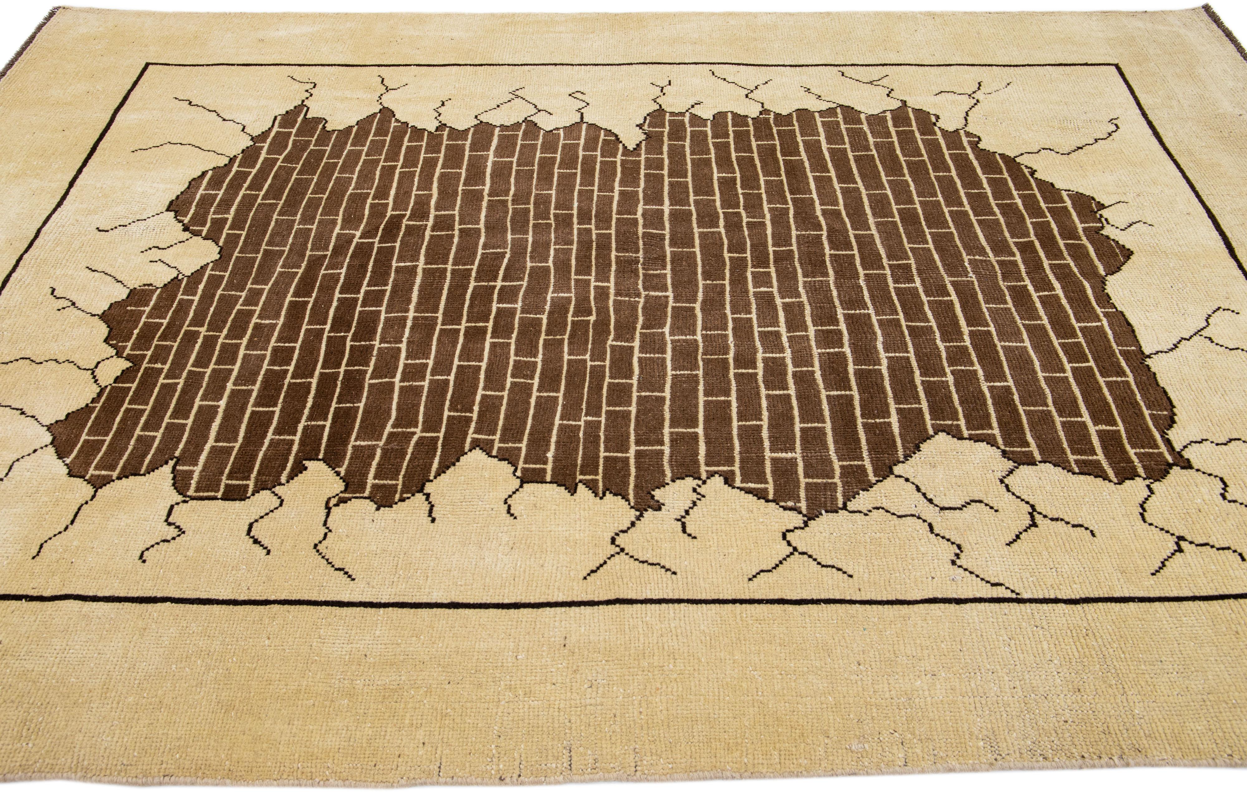 Contemporary Beige Modern Art Deco Style Handmade Designed Wool Rug by Apadana For Sale