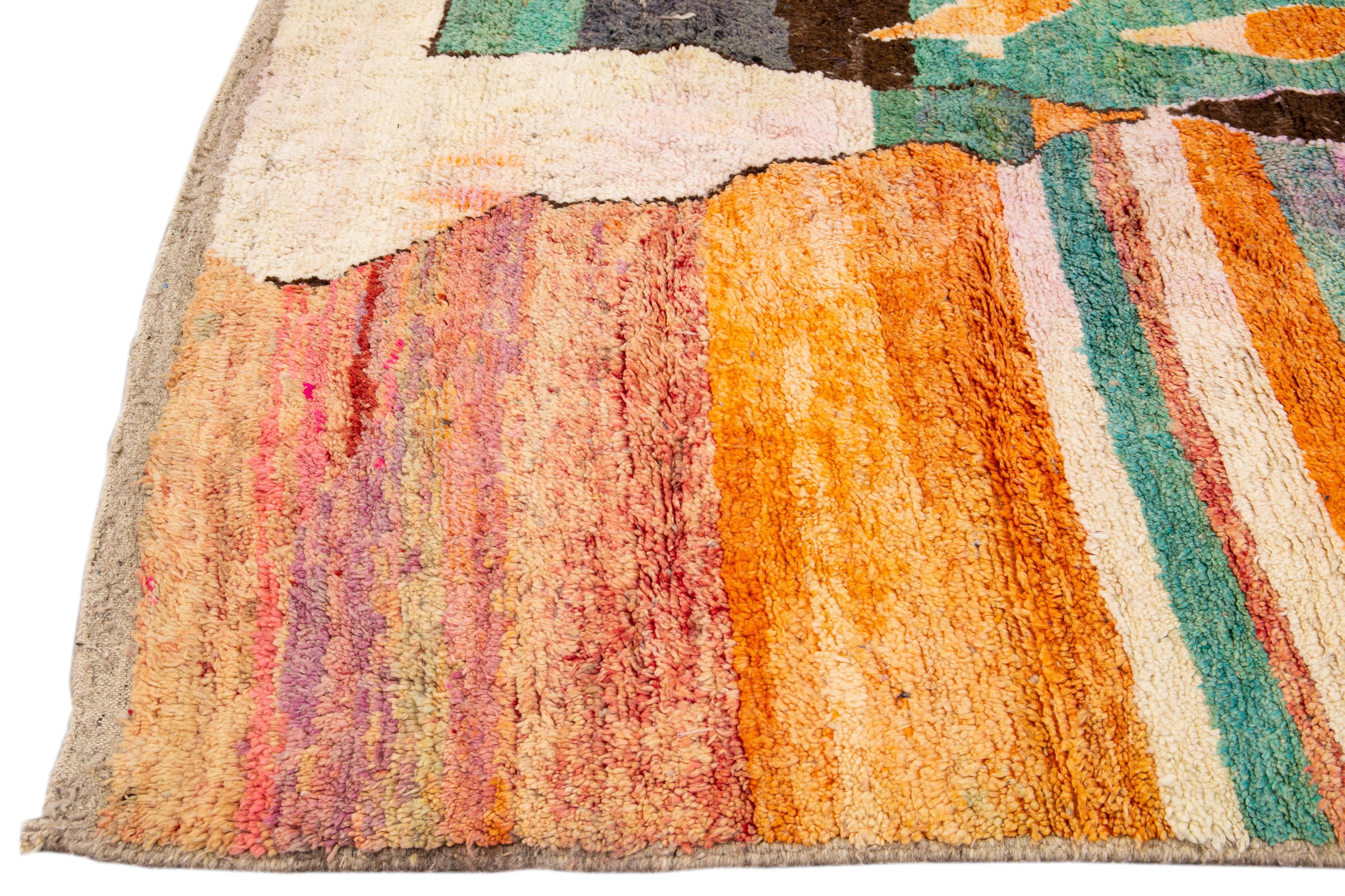 Hand-Knotted Beige Modern Beni Ourain Moroccan Handmade Multicolor Abstract Wool Rug For Sale