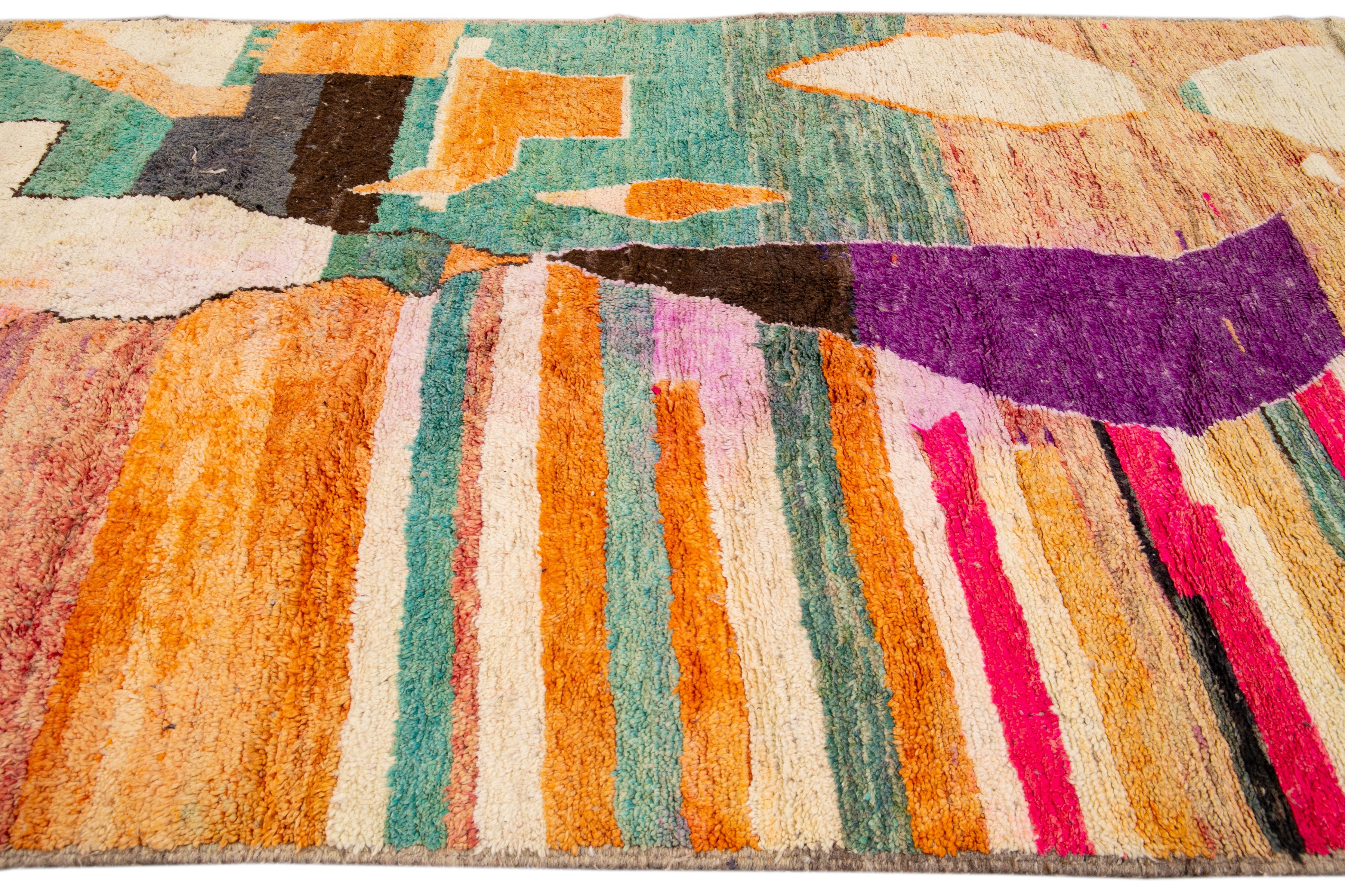 Beige Modern Beni Ourain Moroccan Handmade Multicolor Abstract Wool Rug In Excellent Condition For Sale In Norwalk, CT