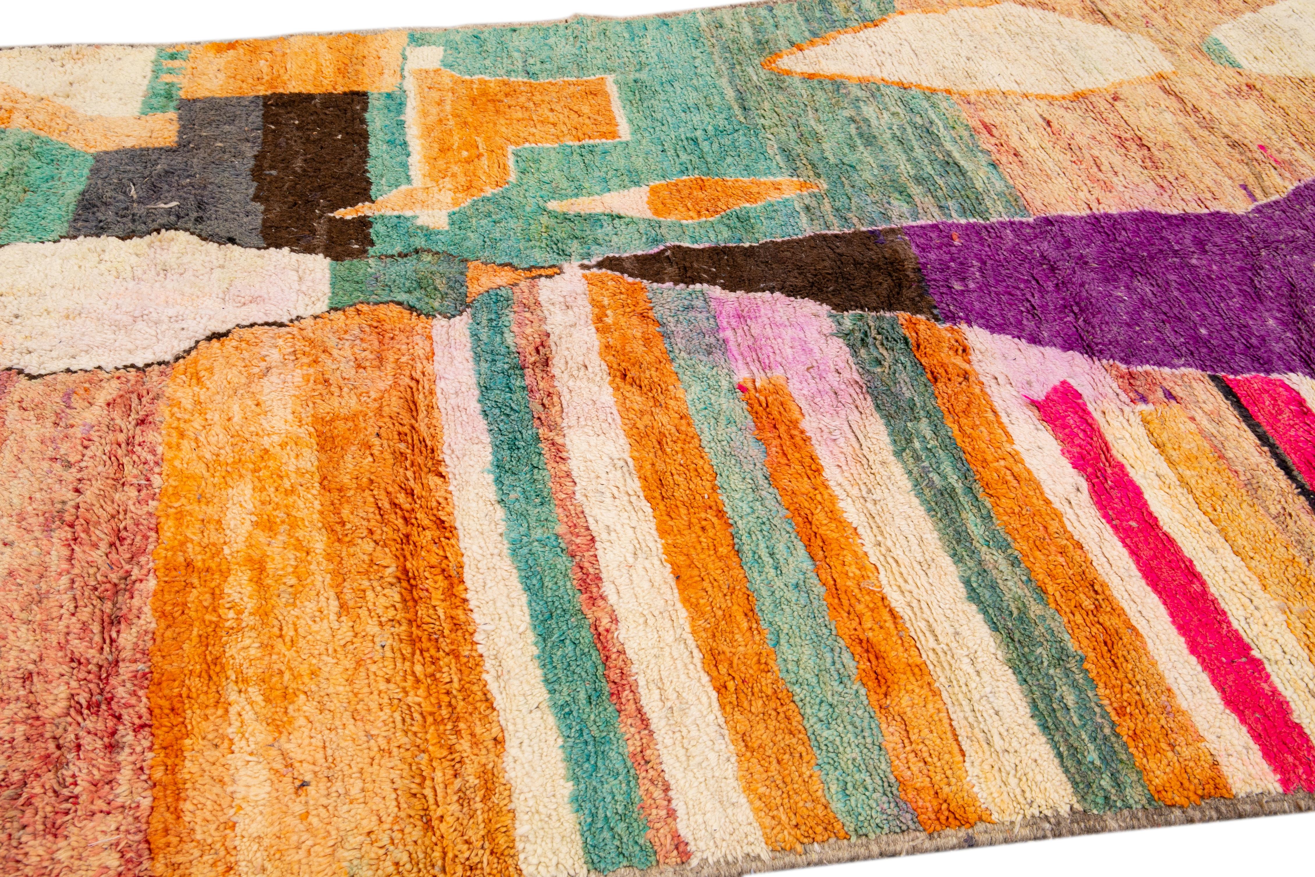 Beige Modern Beni Ourain Moroccan Handmade Multicolor Abstract Wool Rug For Sale 2