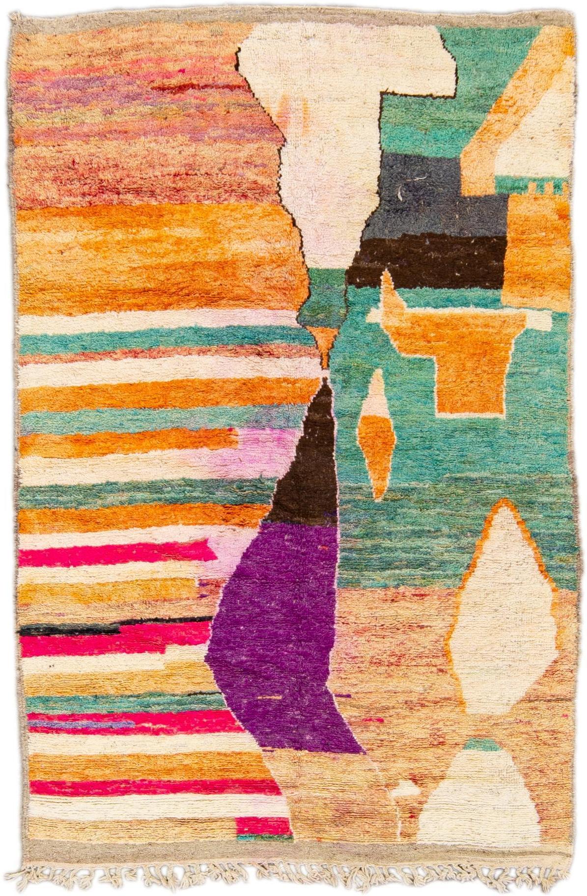 Beige Modern Beni Ourain Moroccan Handmade Multicolor Abstract Wool Rug For Sale