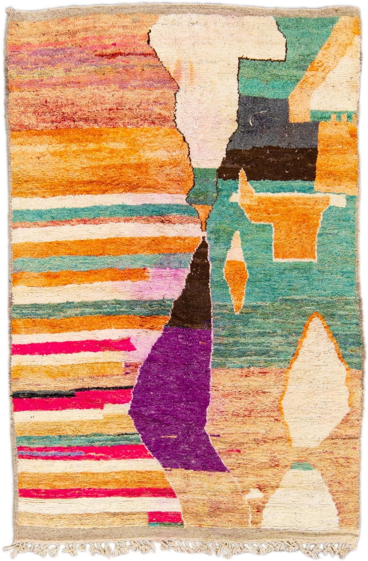 Alfombra de lana multicolor beige moderna Beni Ourain hecha a mano en Marruecos