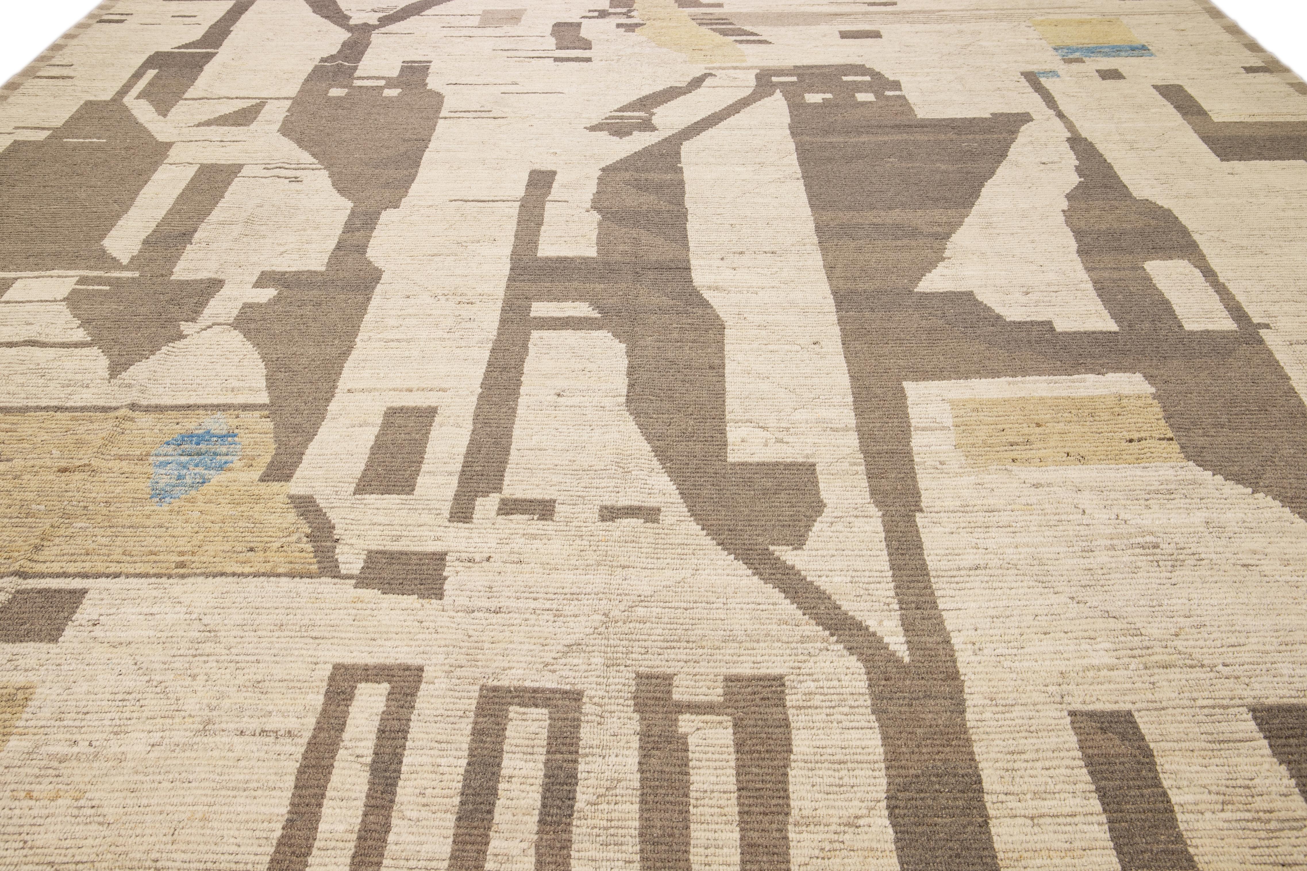 Bohemian Beige Modern Boho Chic Moroccan Style Handmade Abstract Motif Oversize Wool Rug For Sale