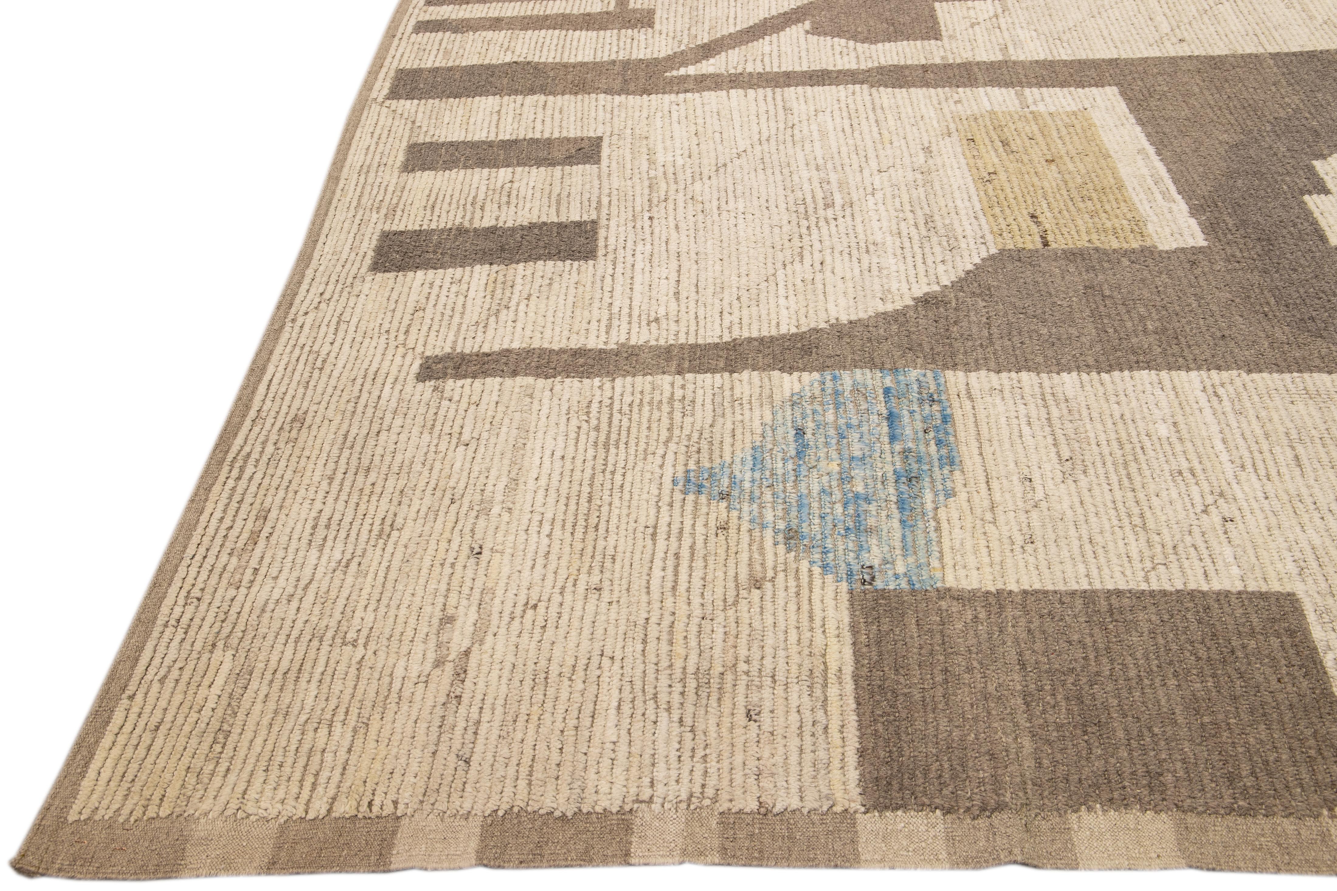 Afghan Beige Modern Boho Chic Moroccan Style Handmade Abstract Motif Oversize Wool Rug For Sale