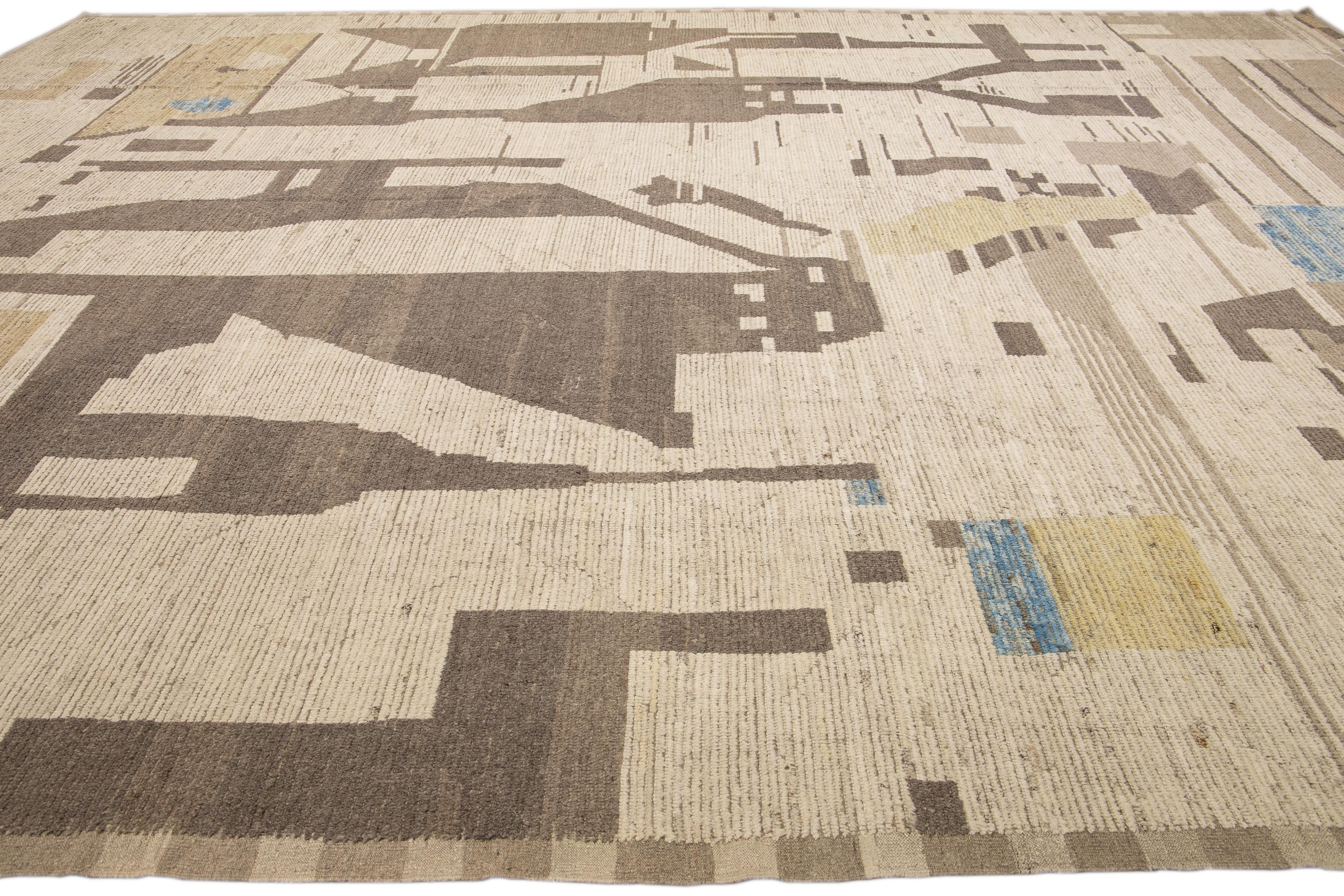 Hand-Knotted Beige Modern Boho Chic Moroccan Style Handmade Abstract Motif Oversize Wool Rug For Sale