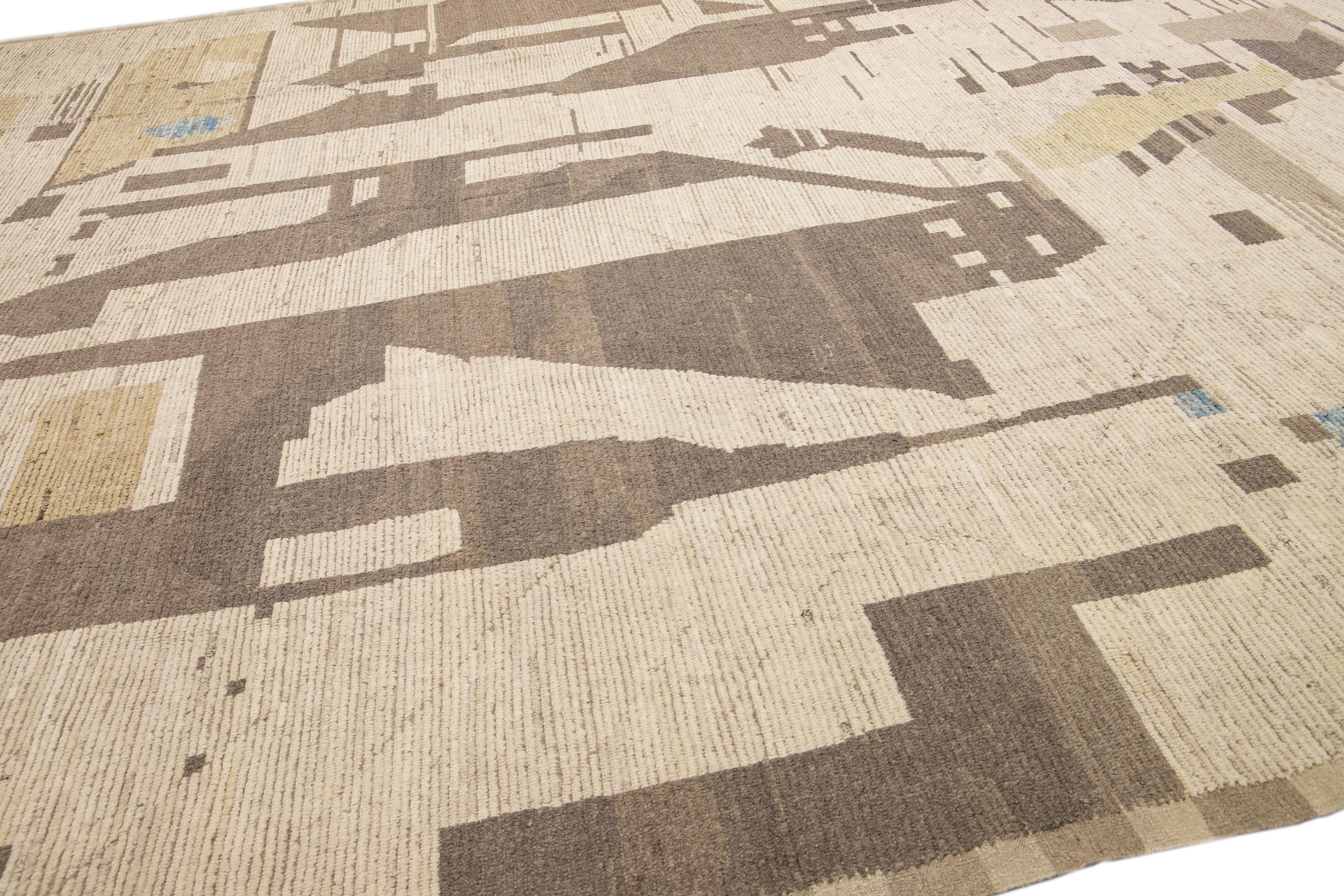 Contemporary Beige Modern Boho Chic Moroccan Style Handmade Abstract Motif Oversize Wool Rug For Sale