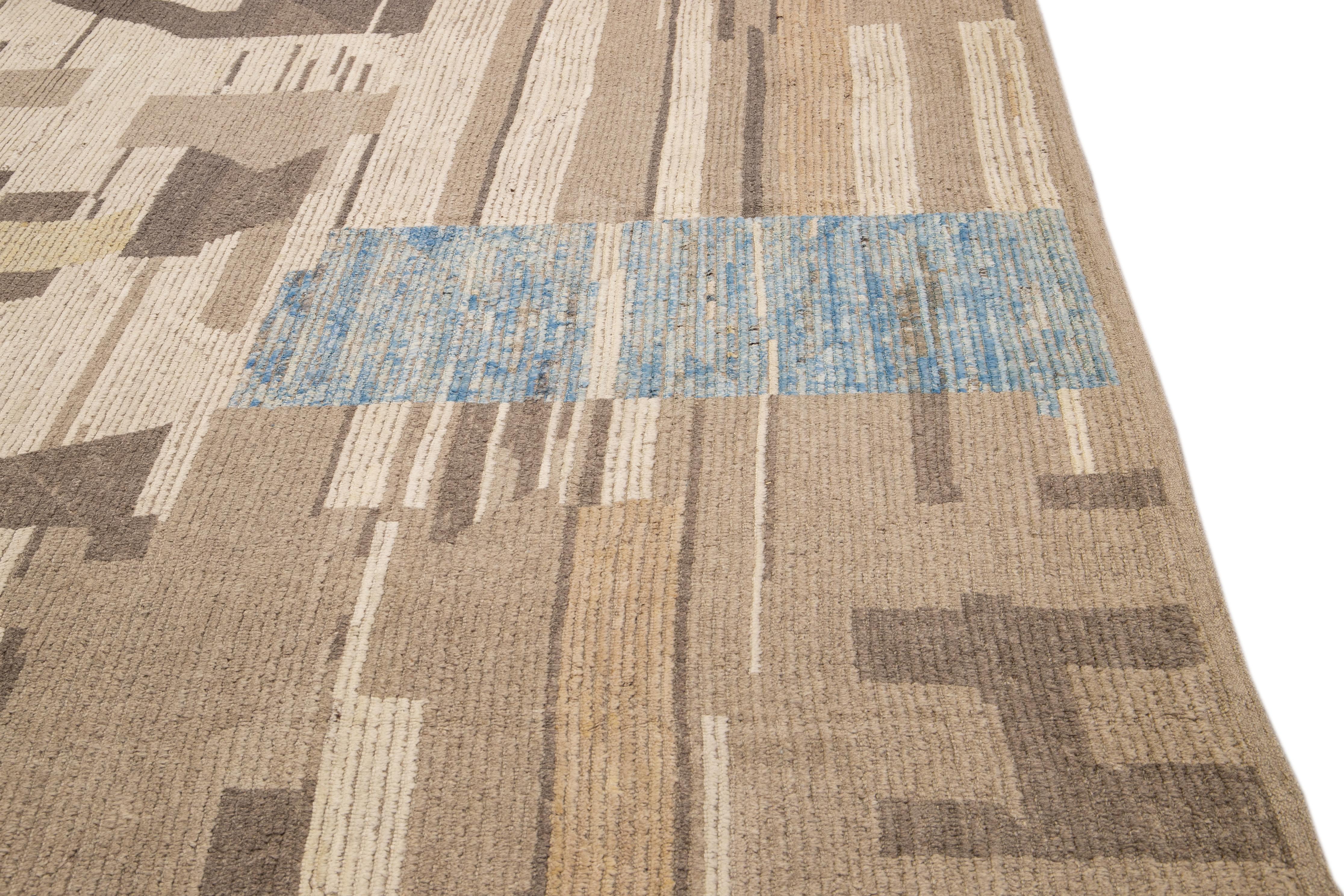 Beige Modern Boho Chic Moroccan Style Handmade Abstract Motif Oversize Wool Rug For Sale 1