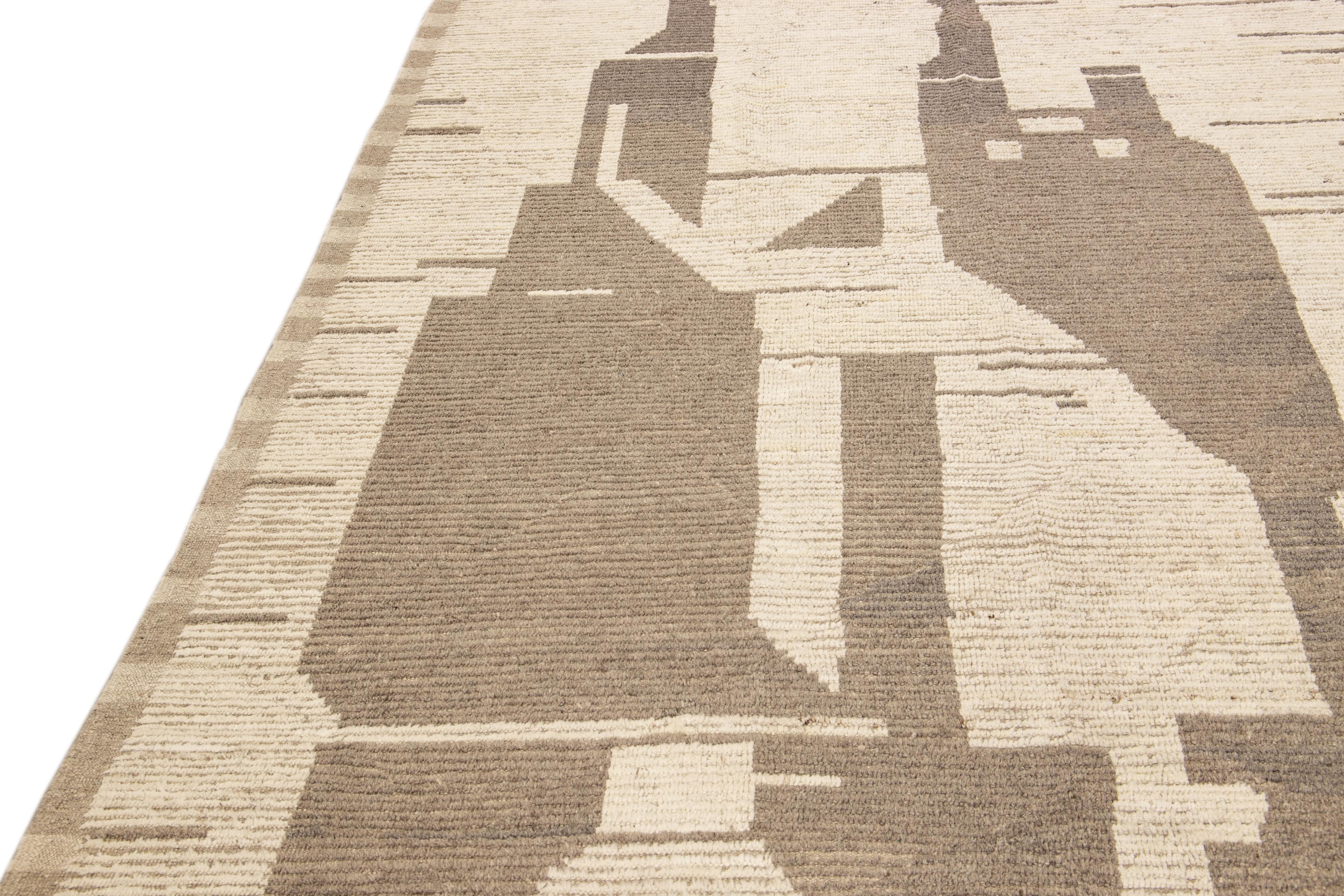 Beige Modern Boho Chic Moroccan Style Handmade Abstract Motif Oversize Wool Rug For Sale 2