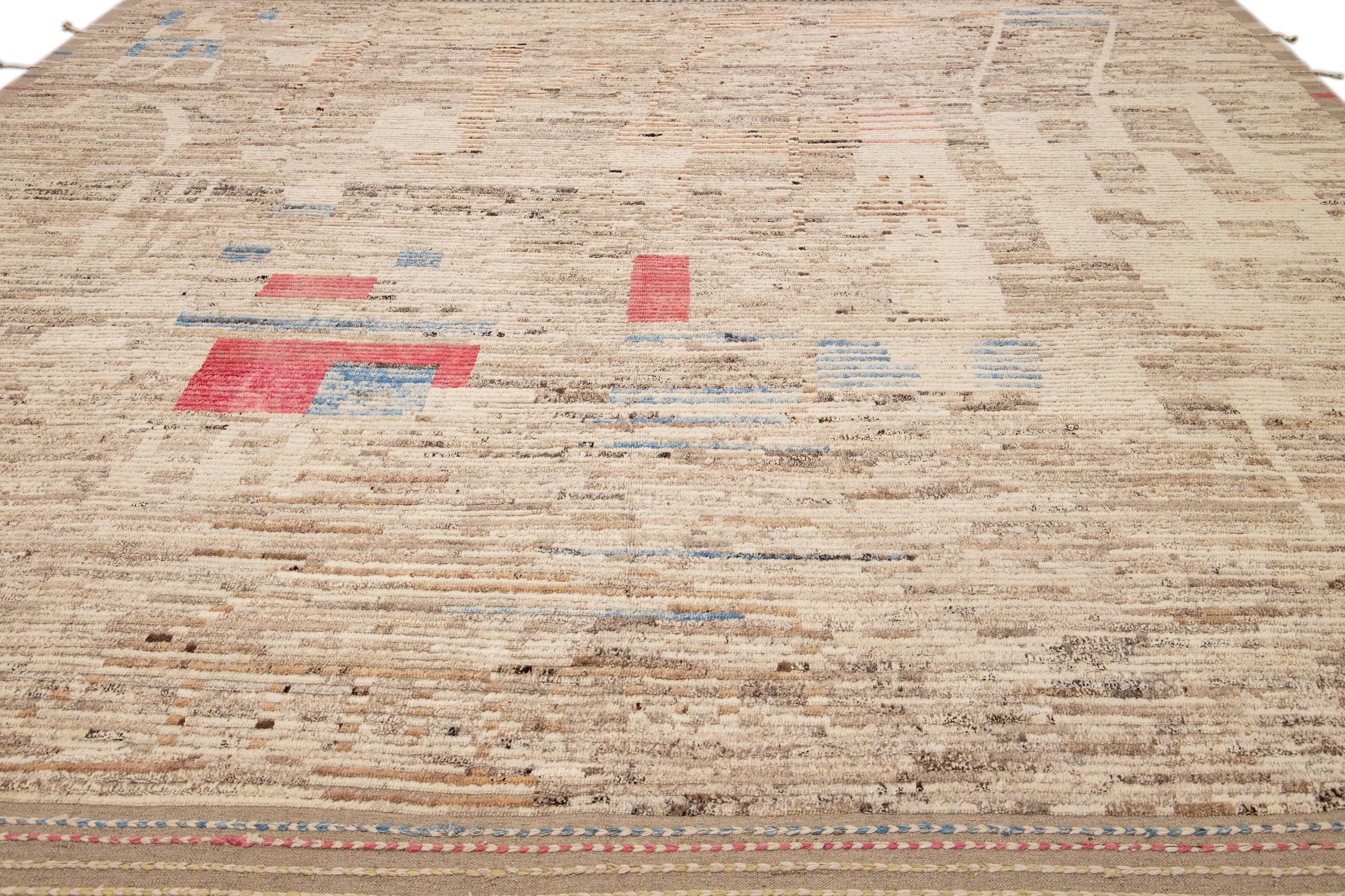 Bohemian Beige Modern Boho Chic Moroccan Style Handmade Abstract Motif Wool Rug For Sale