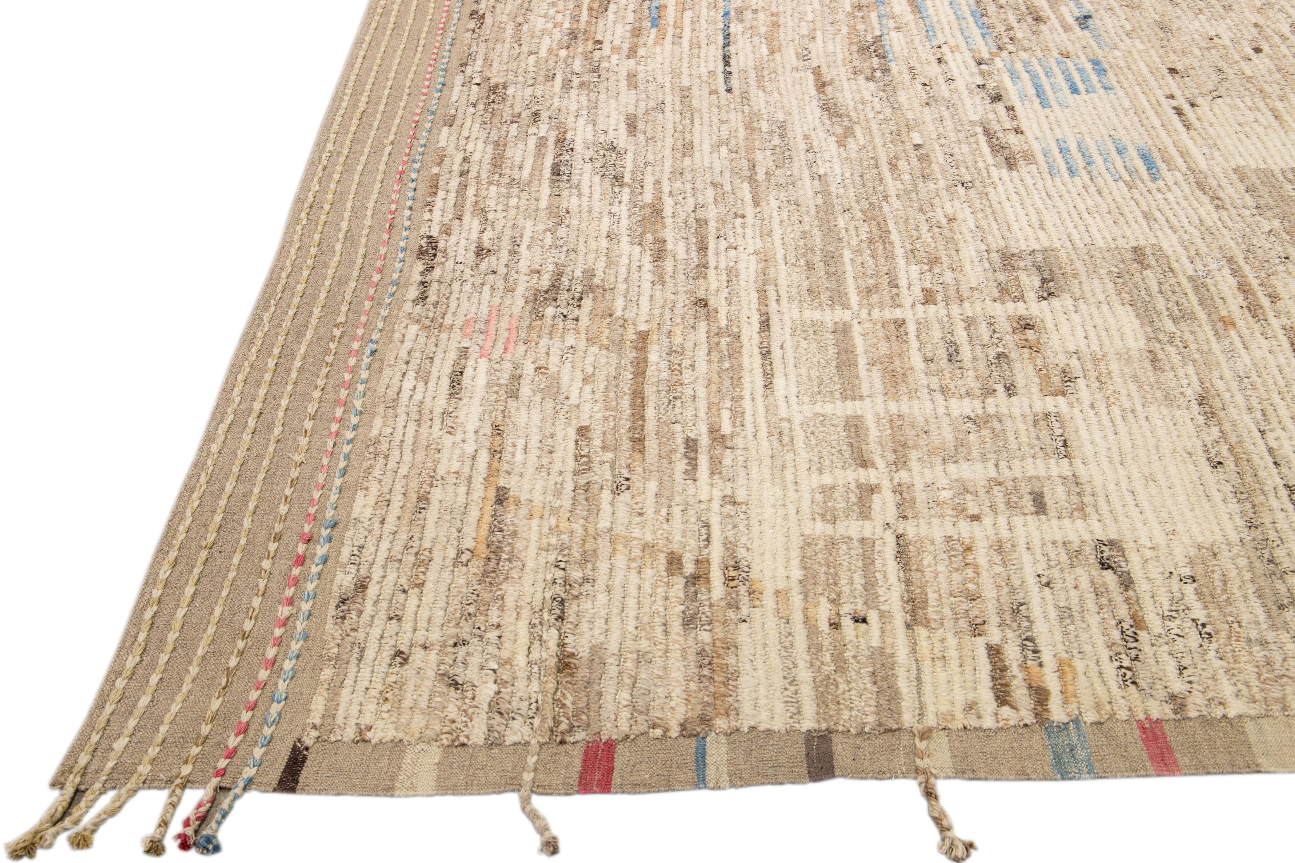 Afghan Beige Modern Boho Chic Moroccan Style Handmade Abstract Motif Wool Rug For Sale