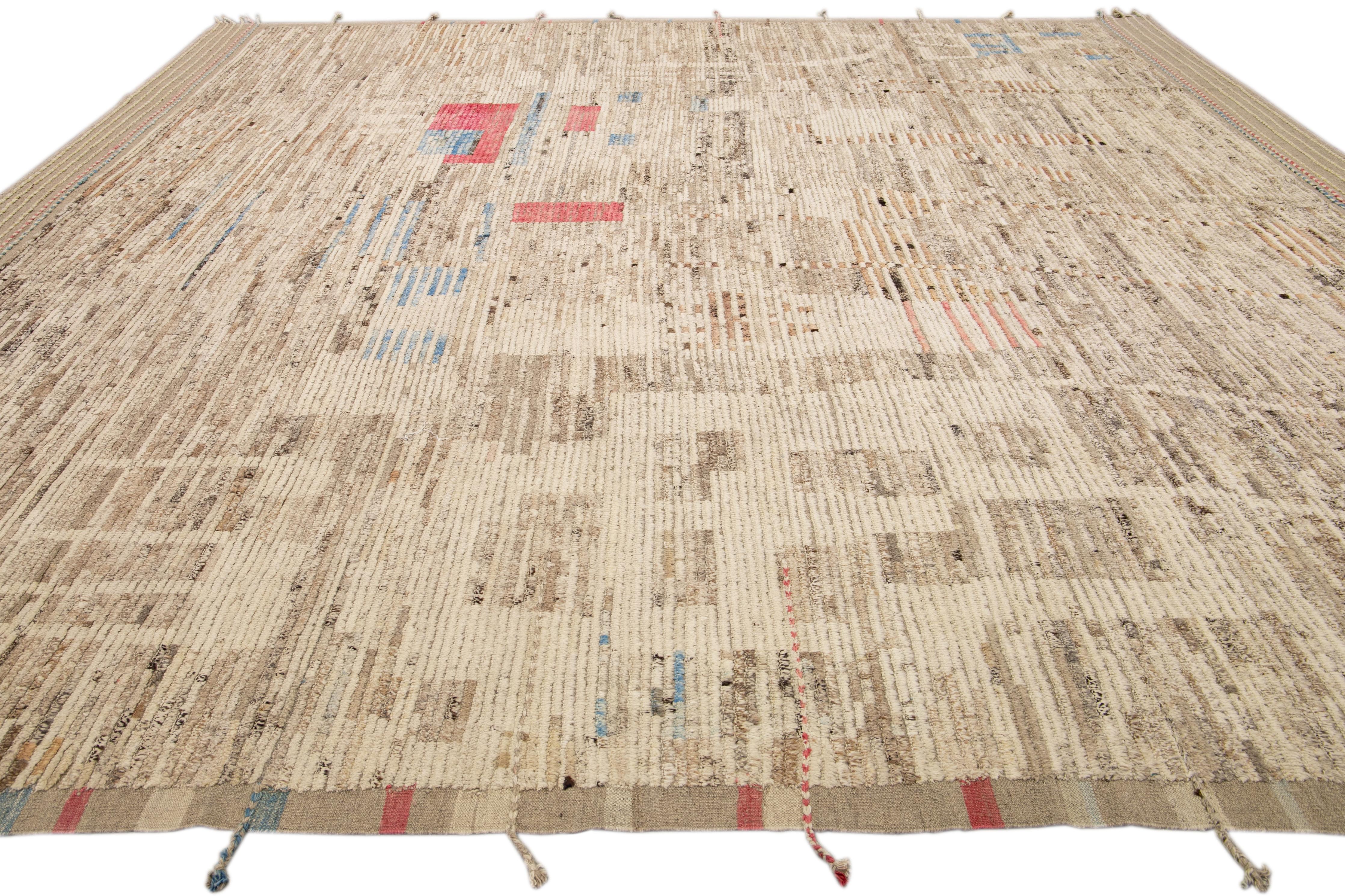 Hand-Knotted Beige Modern Boho Chic Moroccan Style Handmade Abstract Motif Wool Rug For Sale