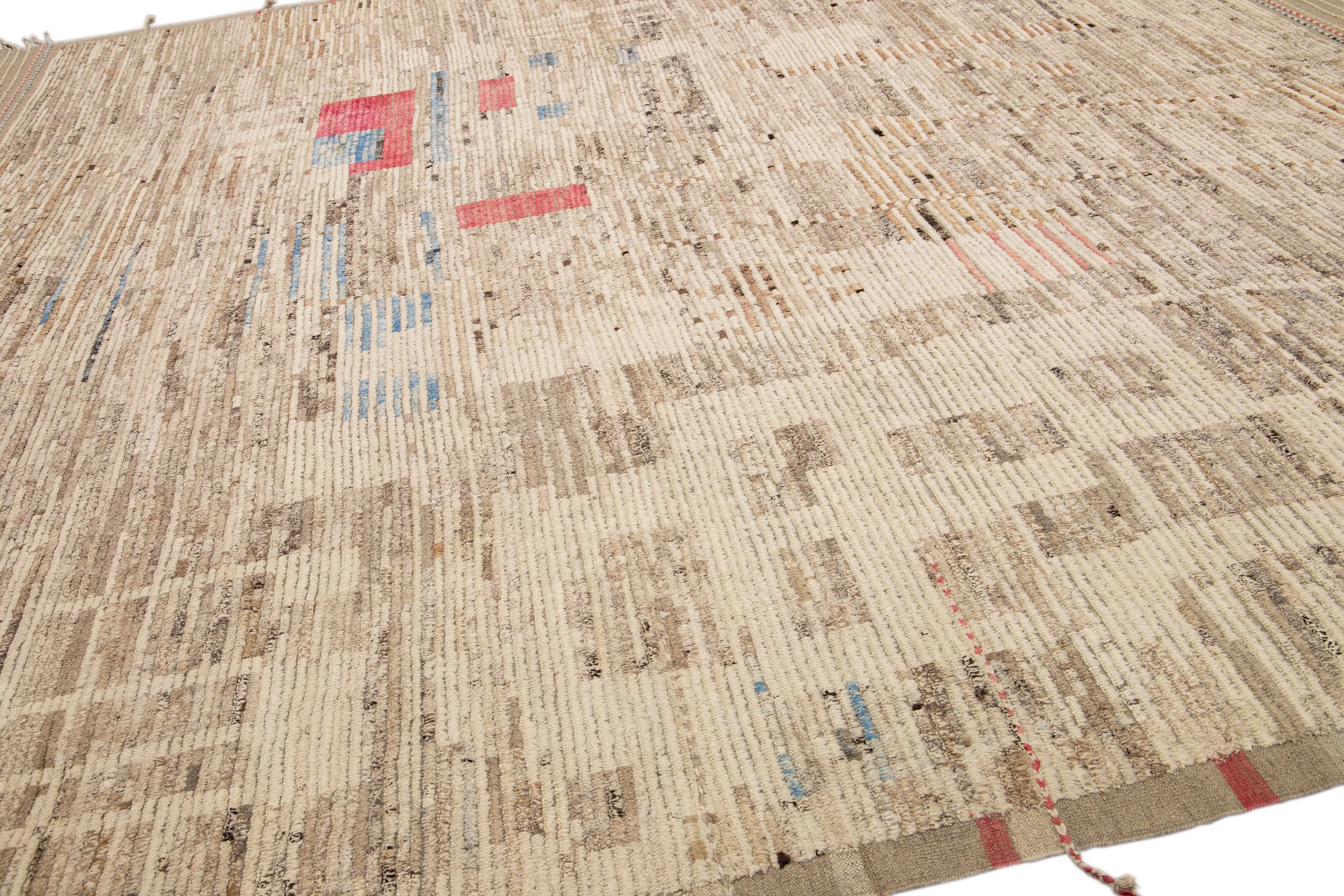 Contemporary Beige Modern Boho Chic Moroccan Style Handmade Abstract Motif Wool Rug For Sale