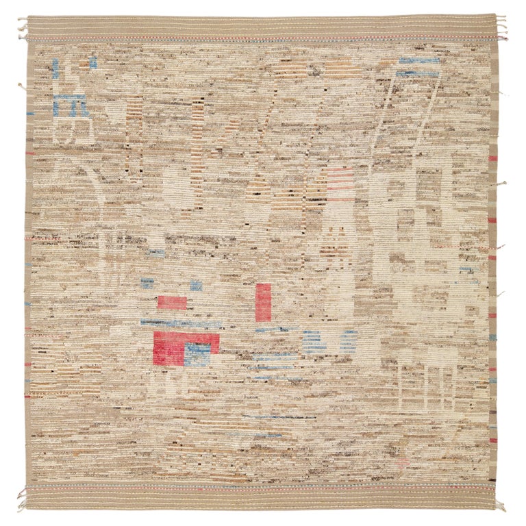 Beige Modern Boho Chic Moroccan Style Handmade Abstract Motif Wool Rug ...