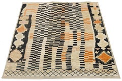 Beige Moderner karierter marokkanischer Wollteppich - Handgeknüpft Geometrischer Berber Stil