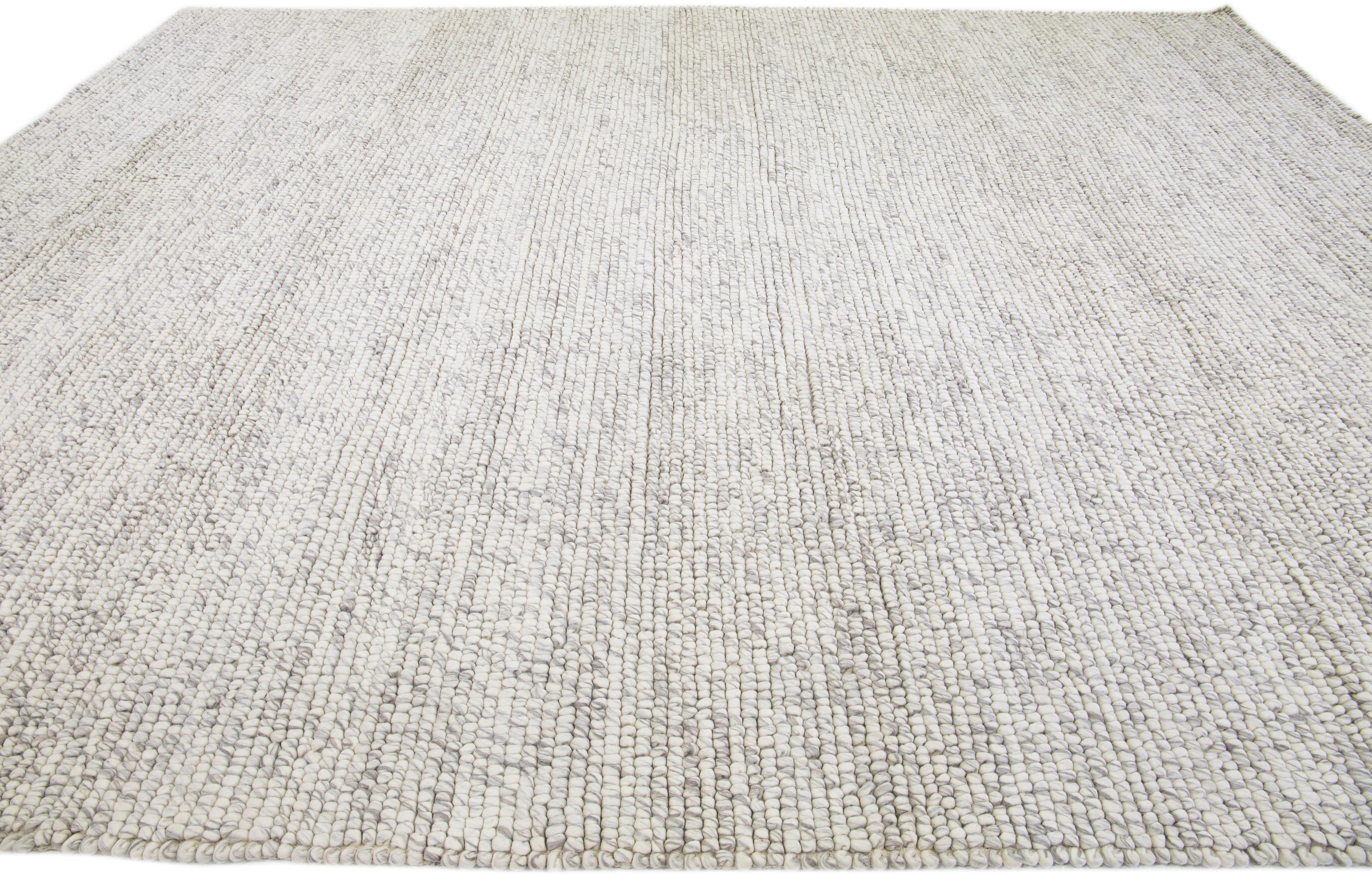 Indian Beige Modern Felted Textuted Wool Rug by Apadana For Sale