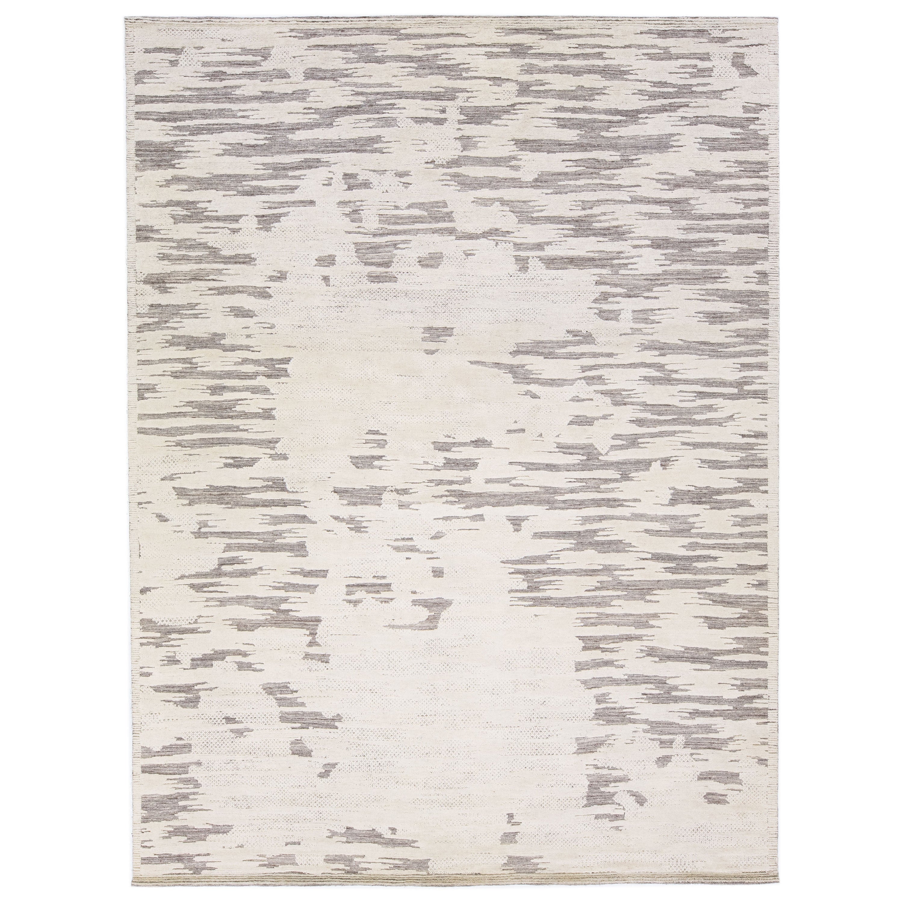 Beige Modern Handmade Moroccan Style Abstract Wool by Apadana