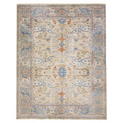 Tapis moderne en laine beige de style Oushak fait à la main avec motif sur toute la surface