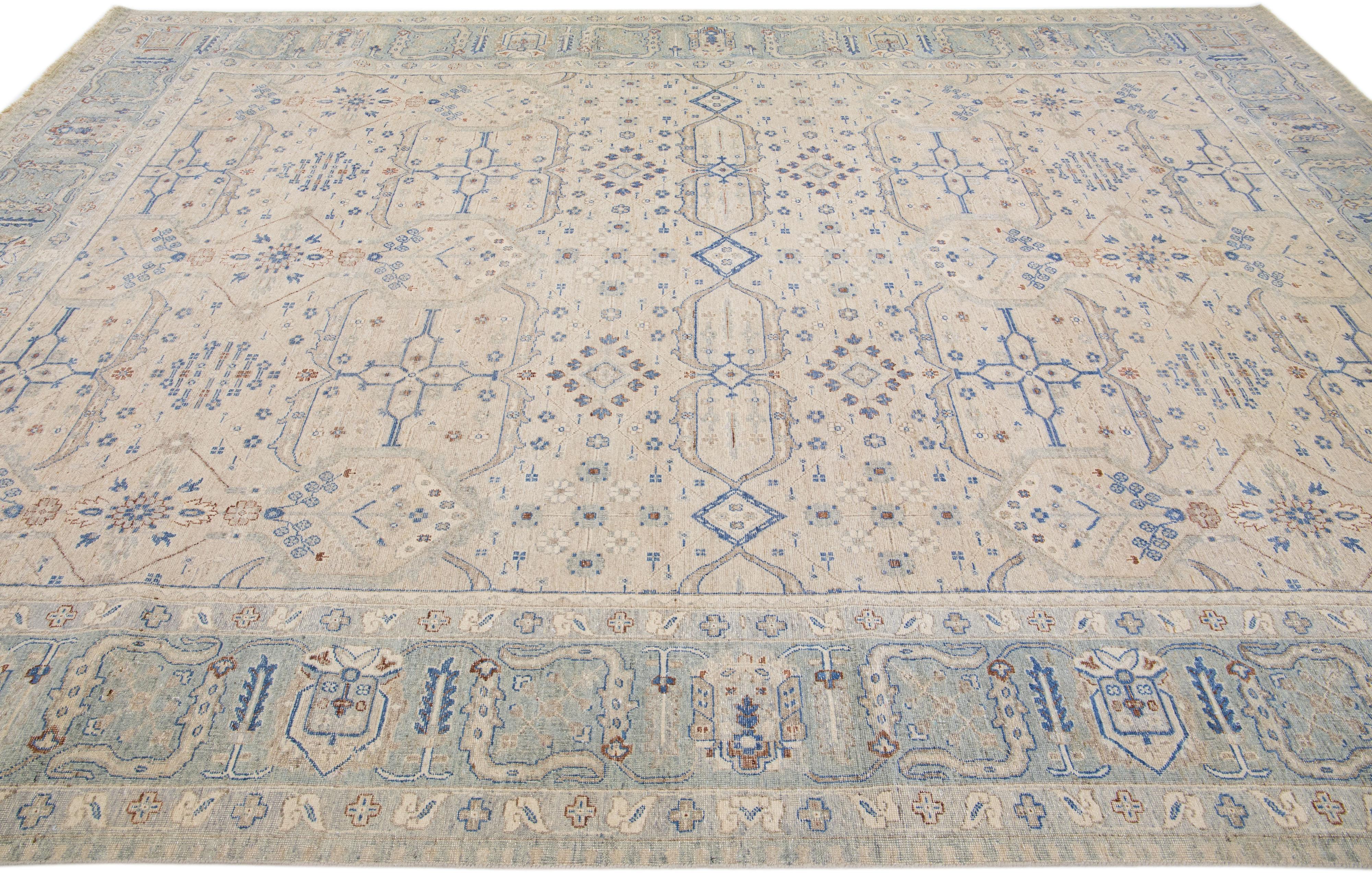 Hand-Knotted Beige Modern Indian Handmade Floral Wool Rug by Apadana For Sale