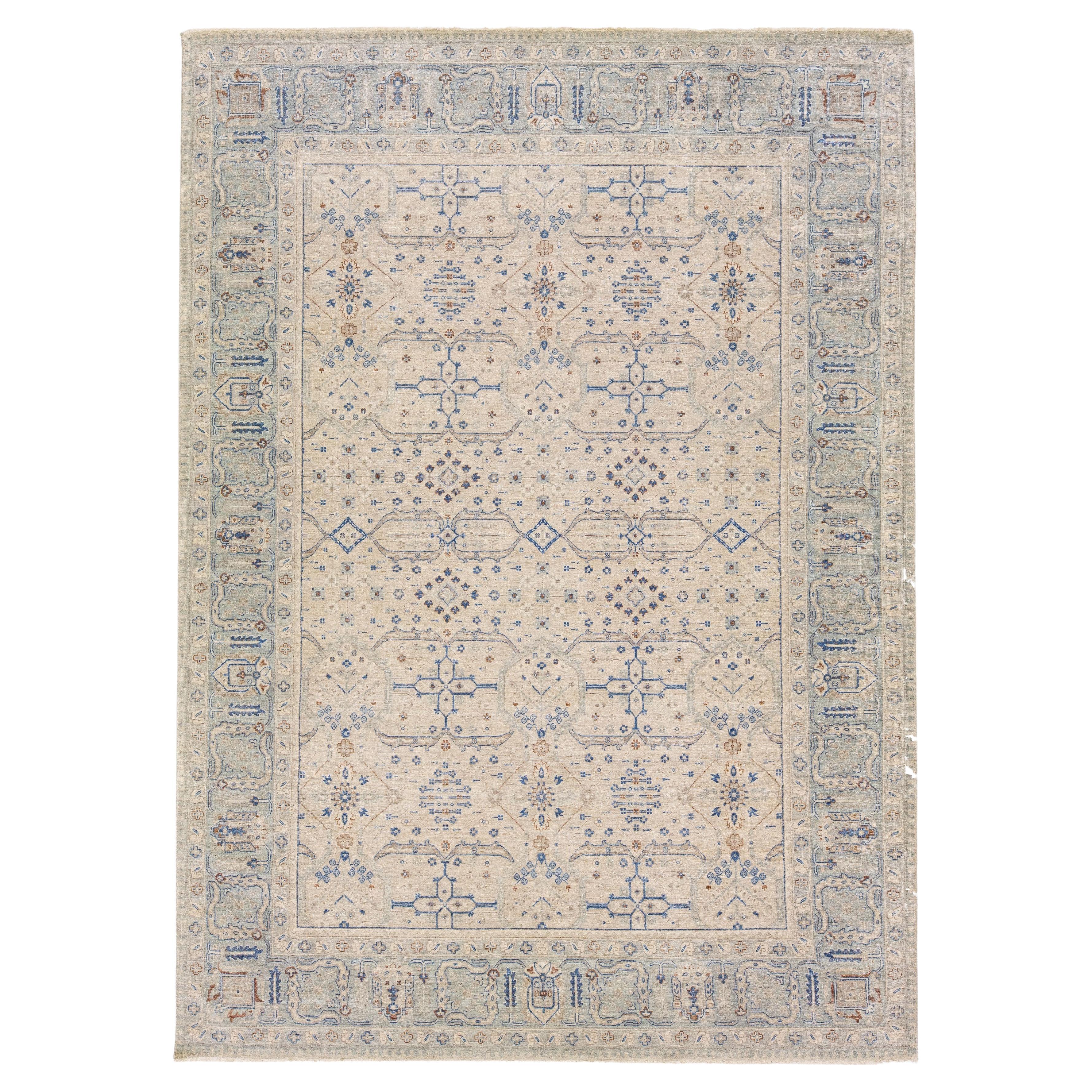 Beige Modern Indian Handmade Floral Wool Rug by Apadana For Sale