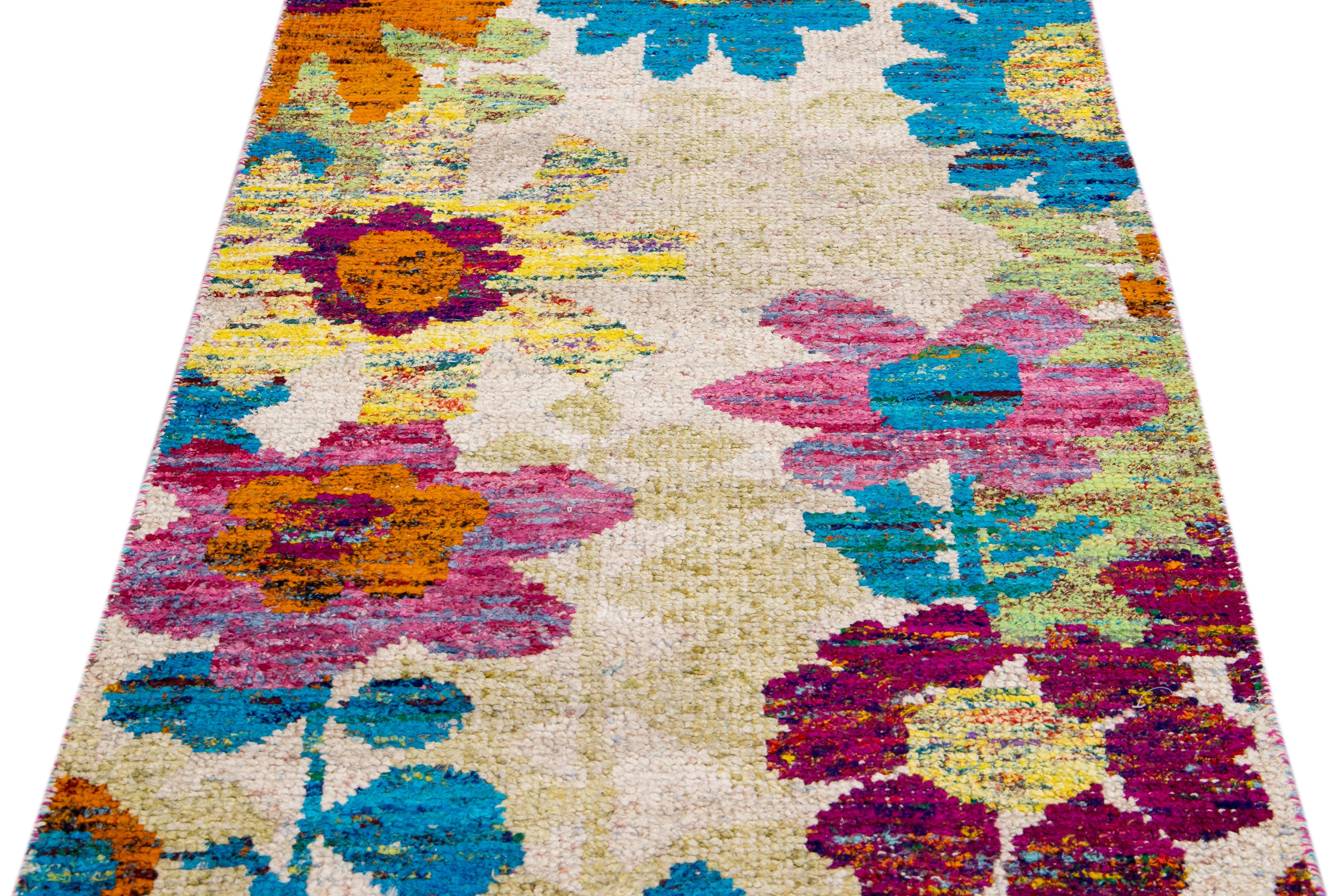 Mid-Century Modern Beige Modern Indian Handmade Multicolor Floral Designed Wool Runner For Sale