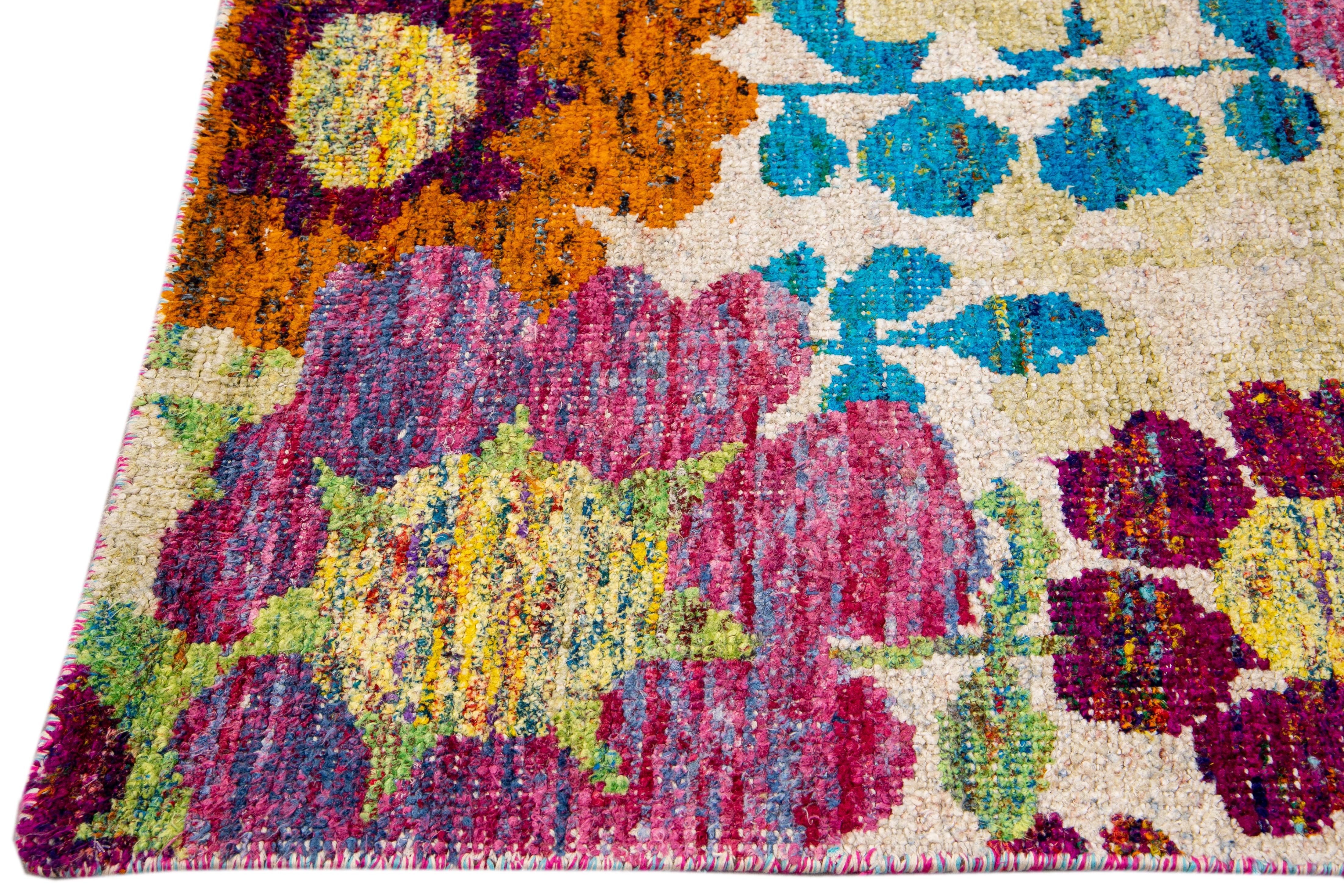 Hand-Knotted Beige Modern Indian Handmade Multicolor Floral Designed Wool Runner For Sale