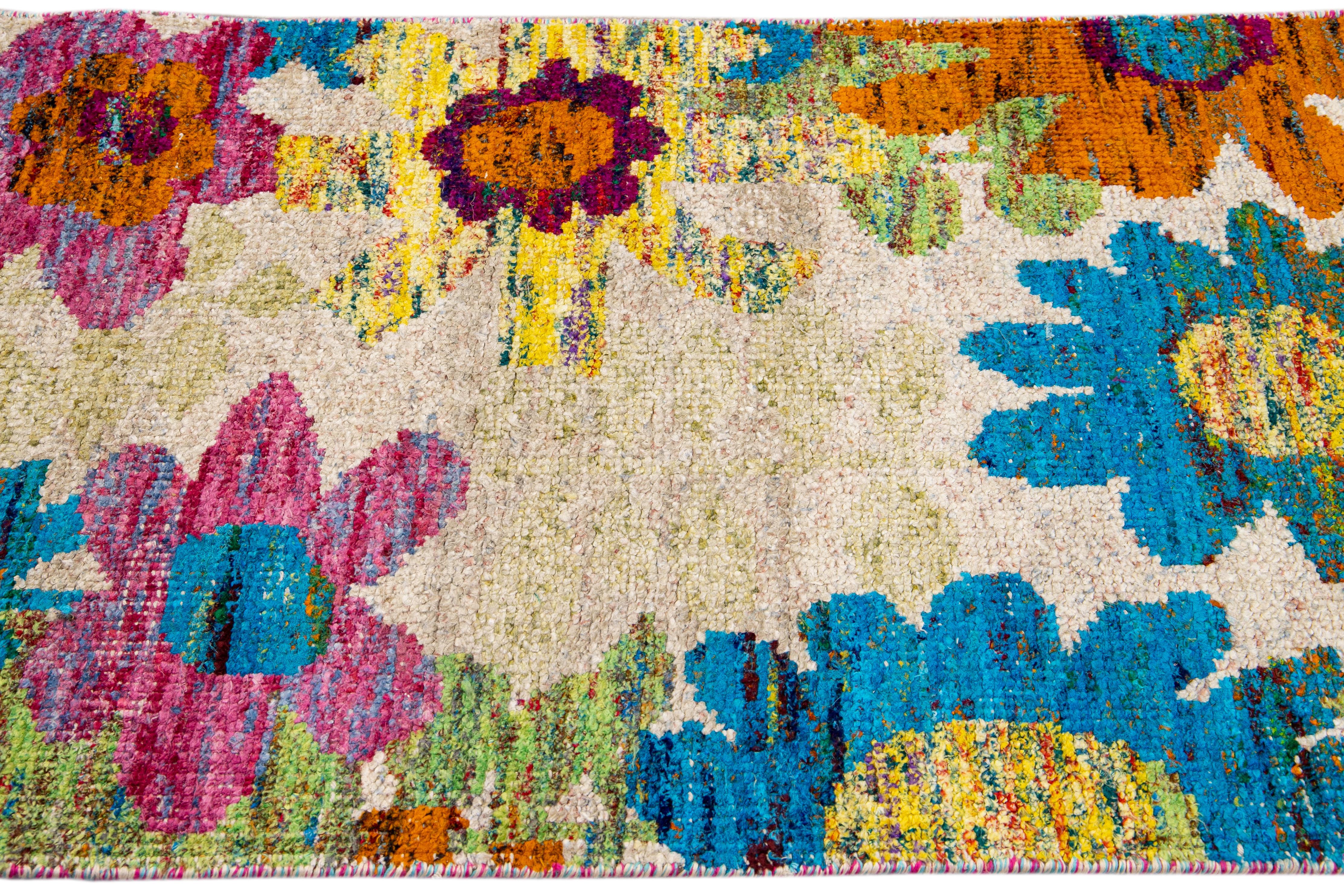 Beige Modern Indian Handmade Multicolor Floral Designed Wool Runner In New Condition For Sale In Norwalk, CT