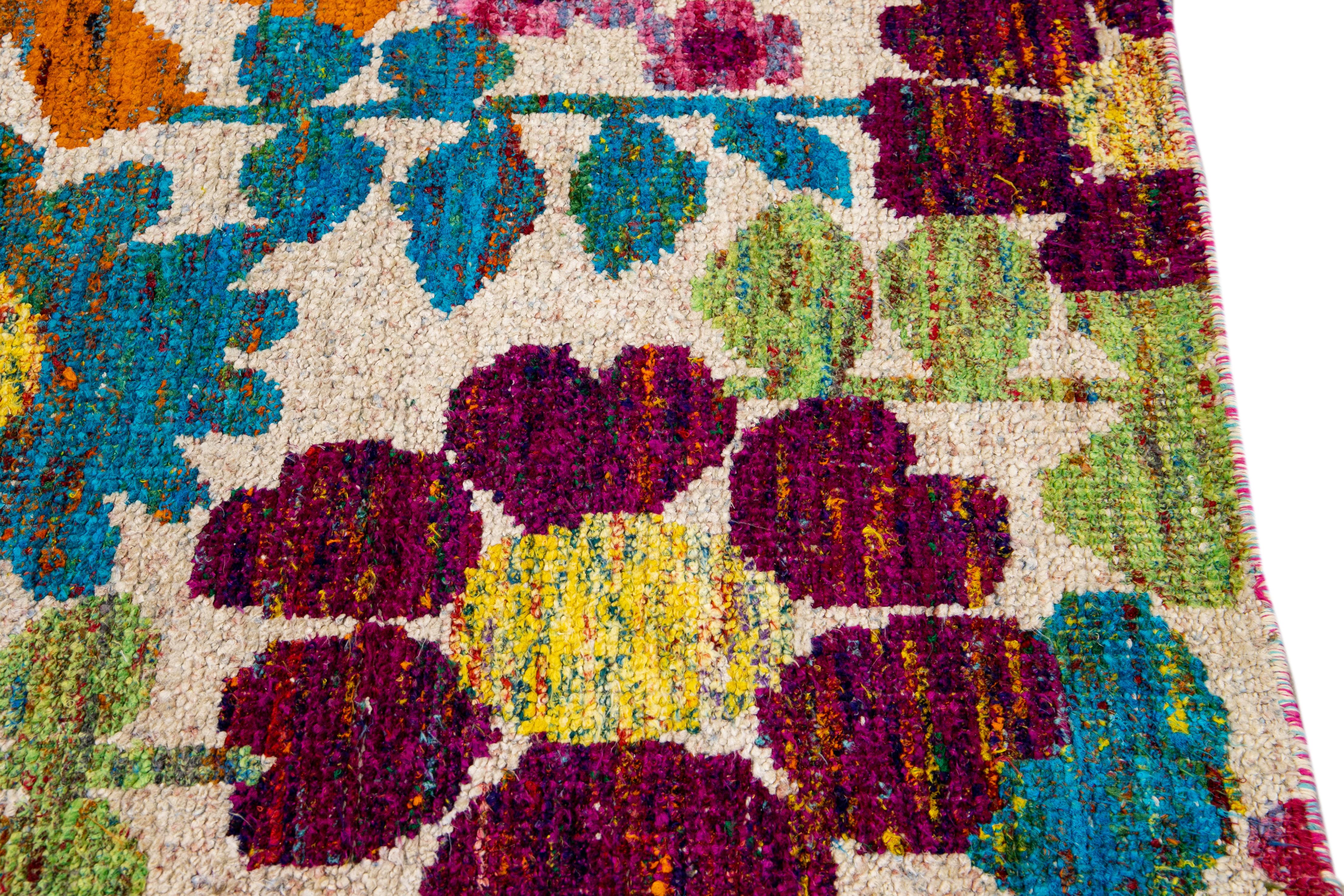 Contemporary Beige Modern Indian Handmade Multicolor Floral Designed Wool Runner For Sale