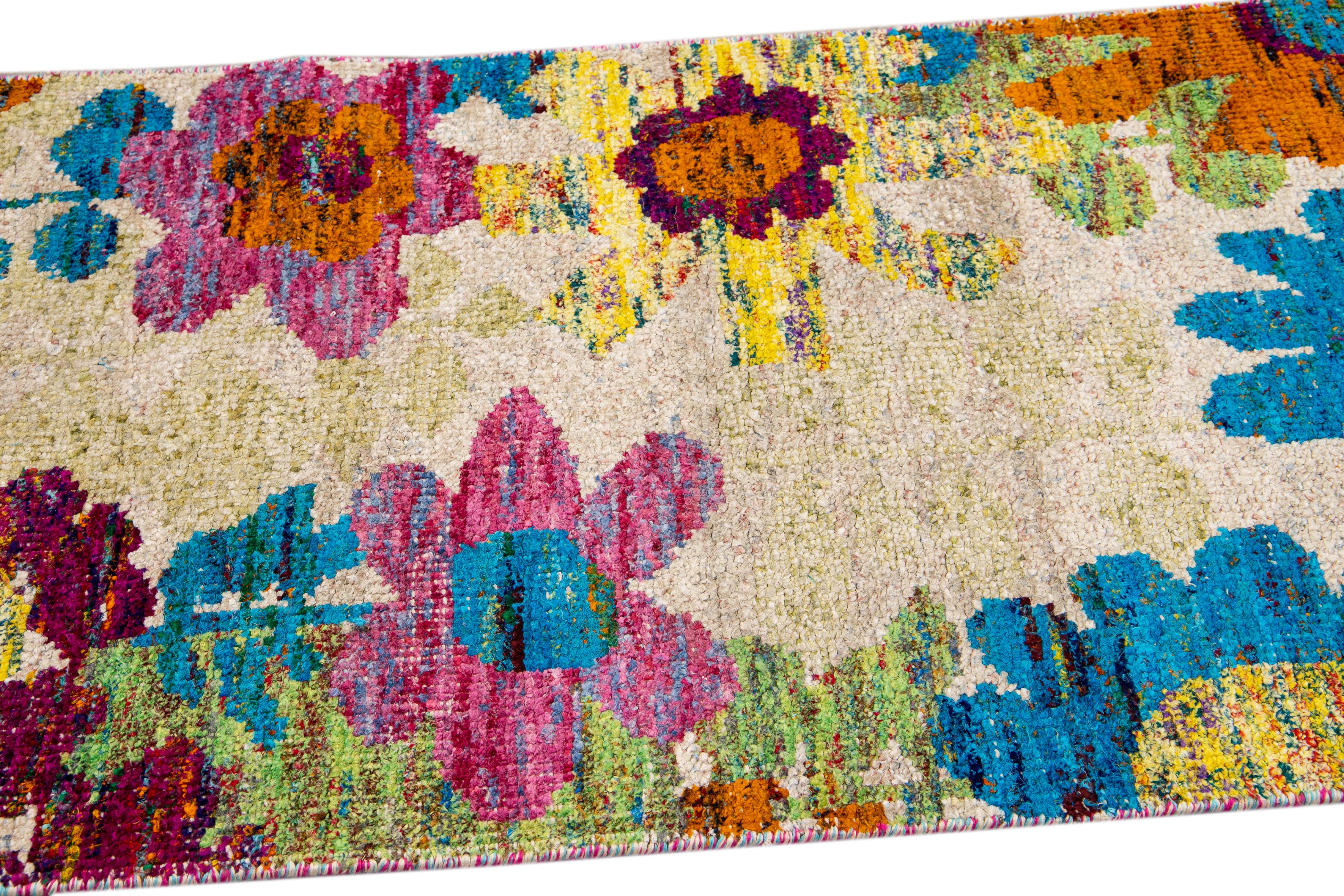 Beige Modern Indian Handmade Multicolor Floral Designed Wool Runner For Sale 1