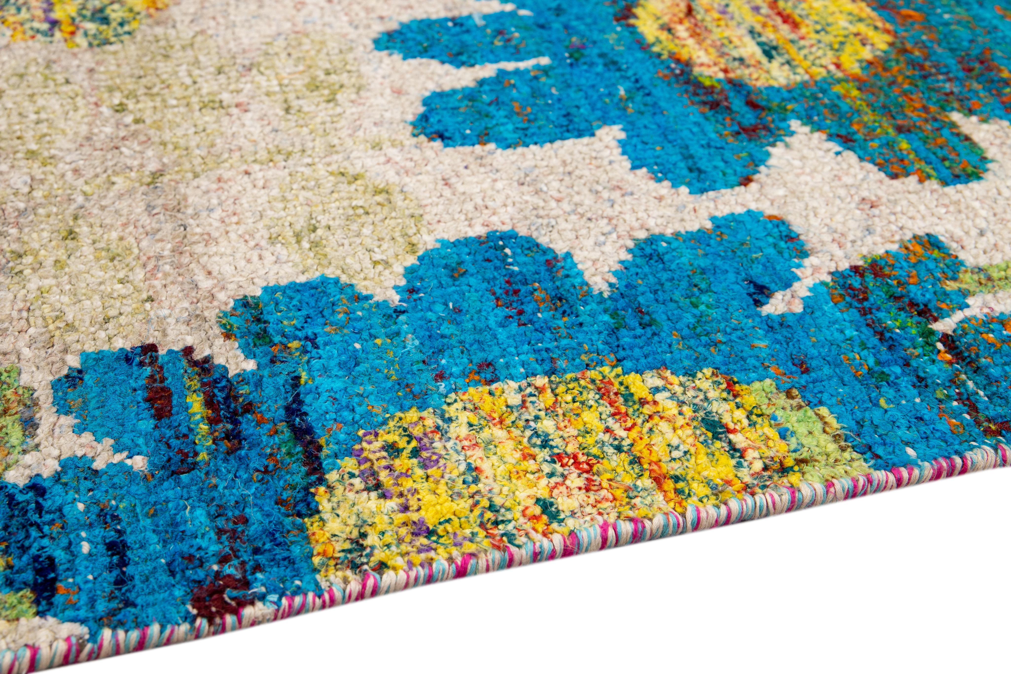 Beige Modern Indian Handmade Multicolor Floral Designed Wool Runner For Sale 3