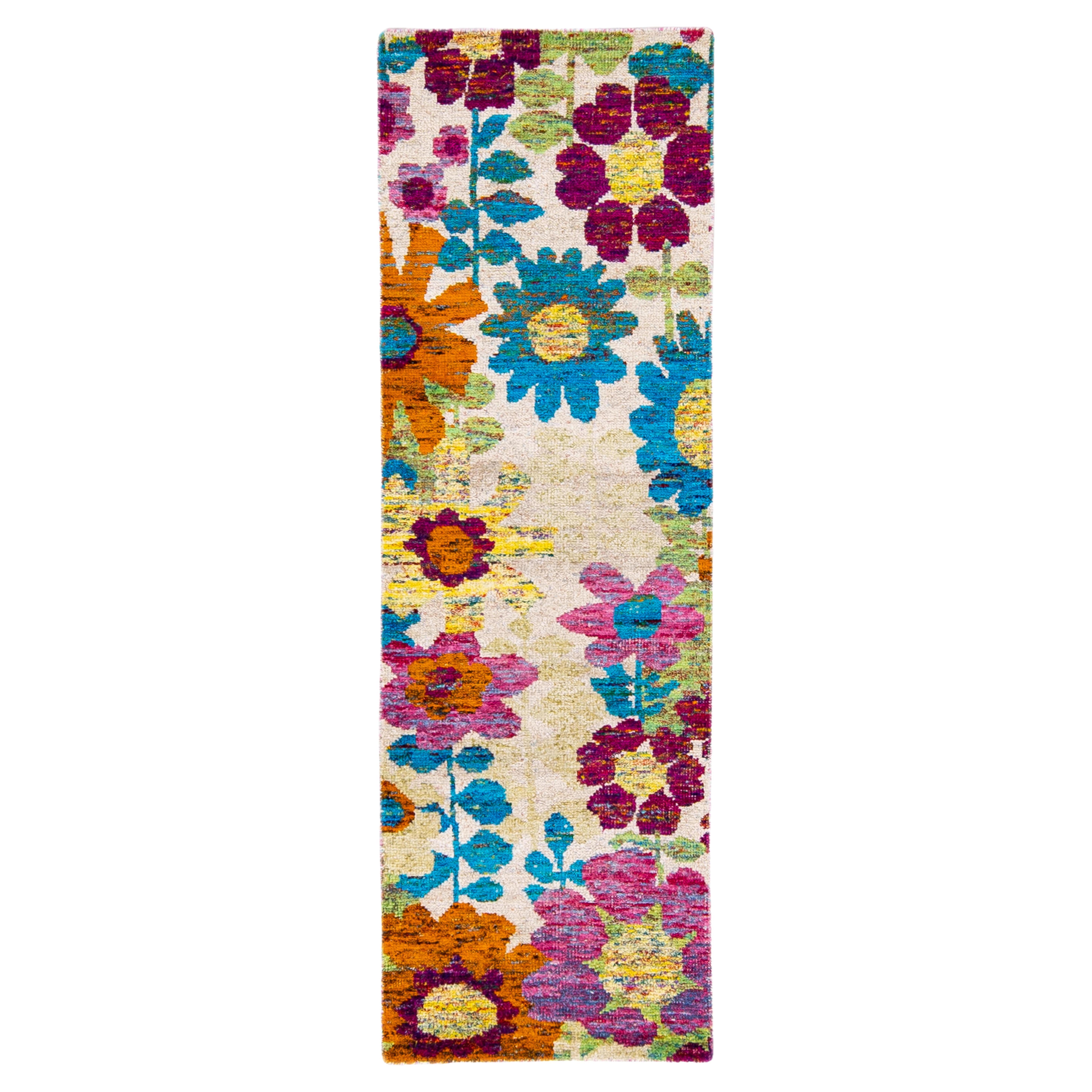 Beige Modern Indian Handmade Multicolor Floral Designed Wool Runner For Sale