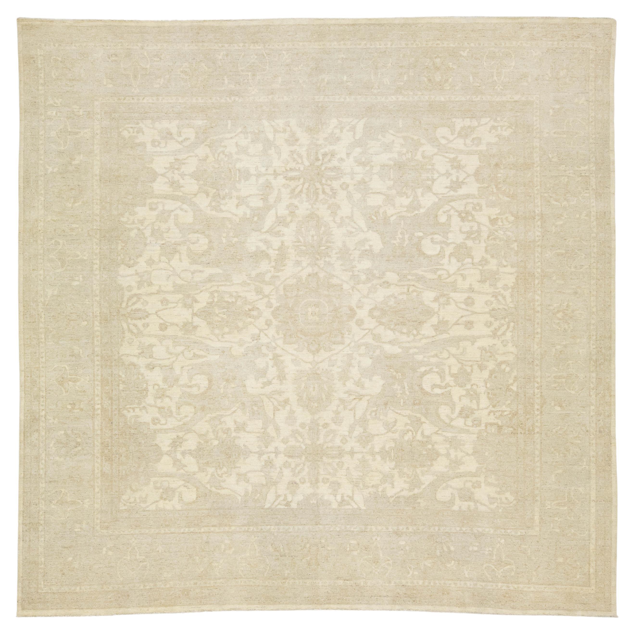 Beige Modern Indian Peshawar Handknotted Square Wool Rug With Floral Design