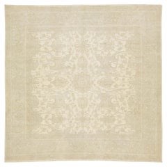 Beige Modern Indian Peshawar Handknotted Square Wool Rug With Floral Design
