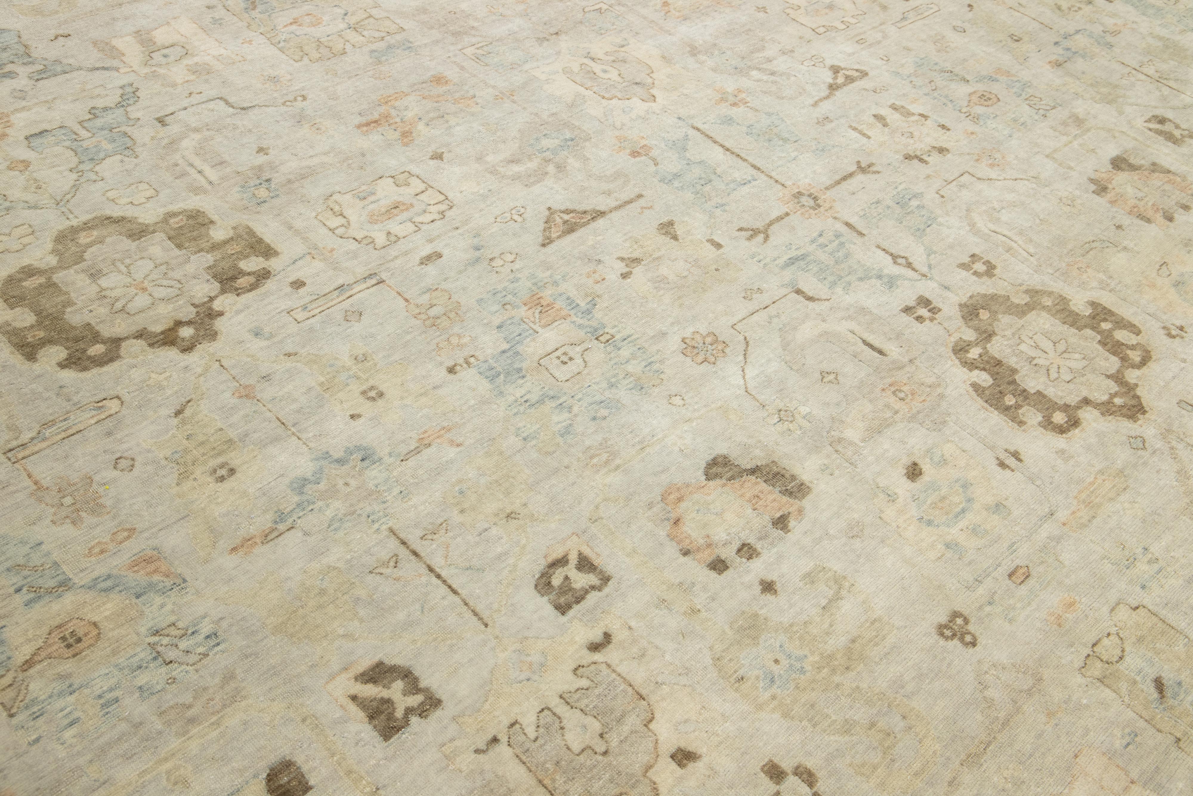 Beige Modern Indian Square Wool Rug With Floral Design For Sale 5