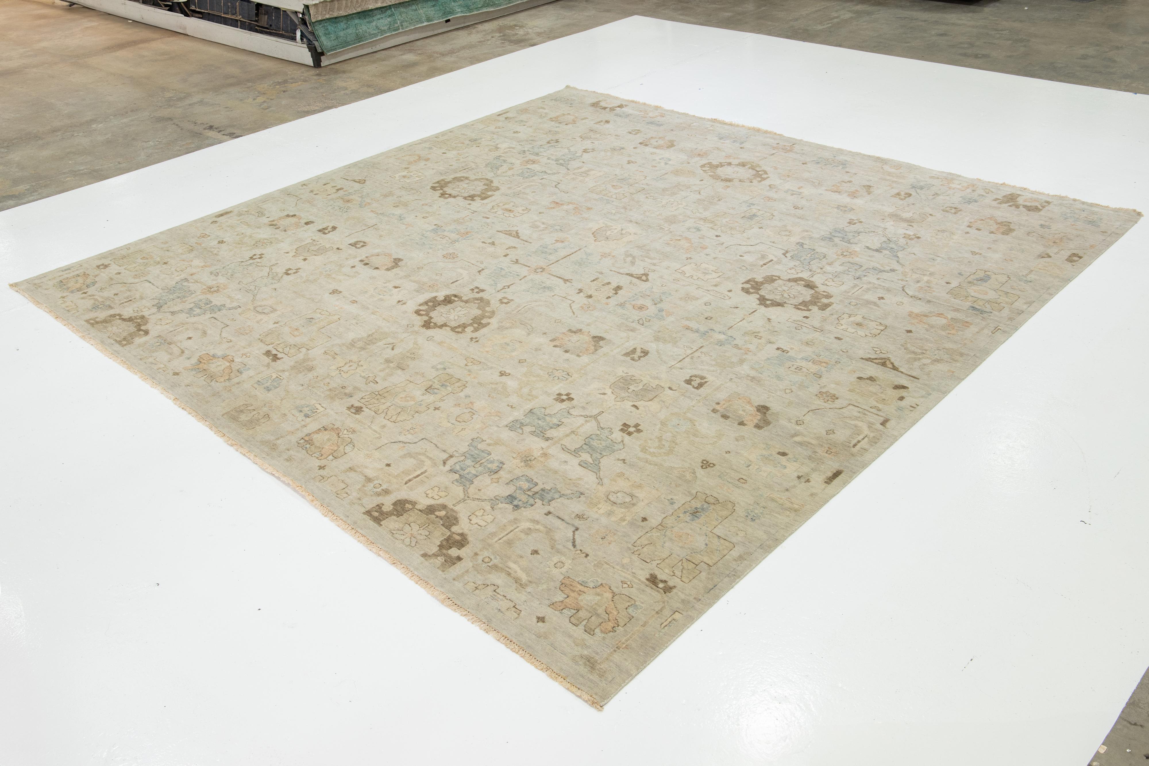 Hand-Knotted Beige Modern Indian Square Wool Rug With Floral Design For Sale