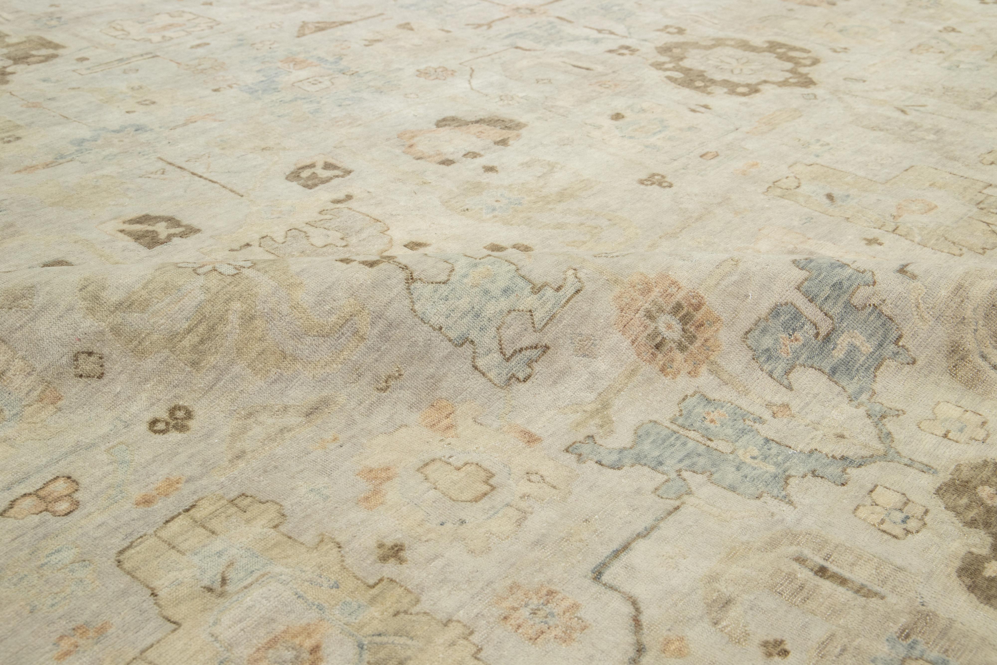 Beige Modern Indian Square Wool Rug With Floral Design For Sale 1