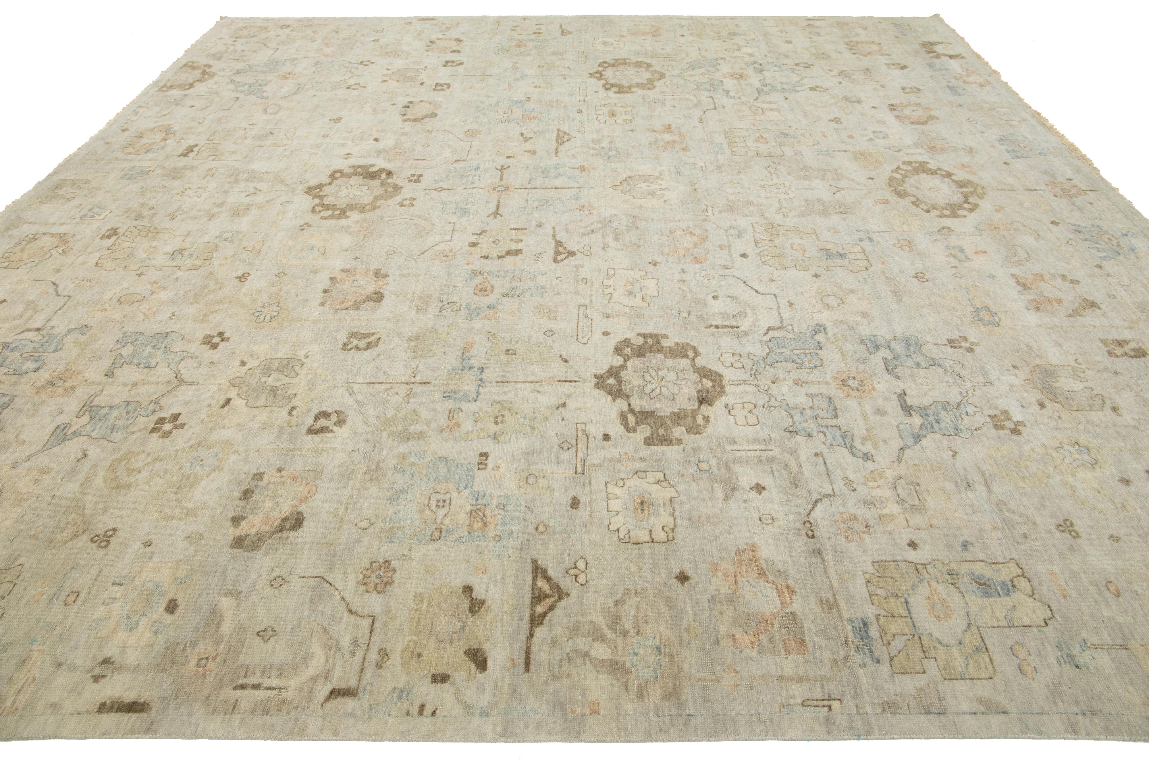 Beige Modern Indian Square Wool Rug With Floral Design For Sale 2