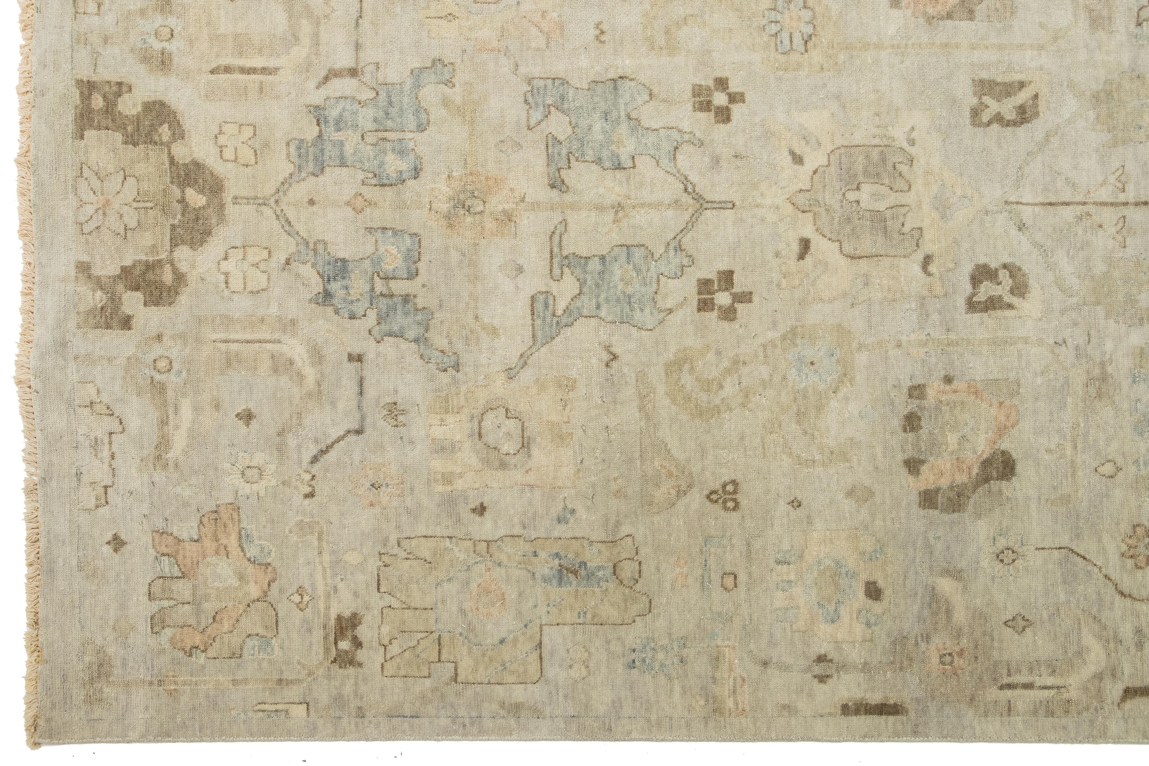 Beige Modern Indian Square Wool Rug With Floral Design For Sale 3