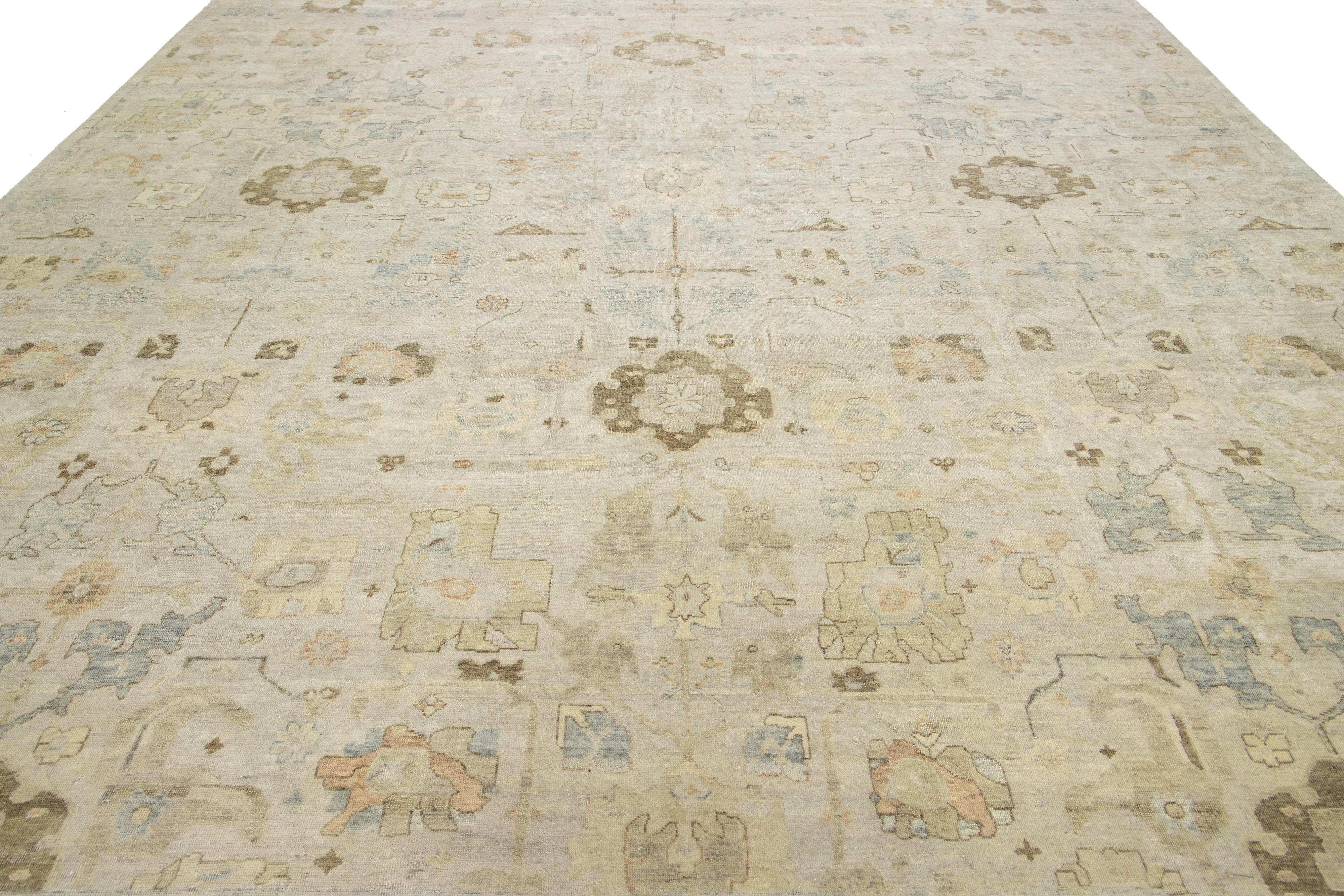 Beige Modern Indian Square Wool Rug With Floral Design For Sale 4