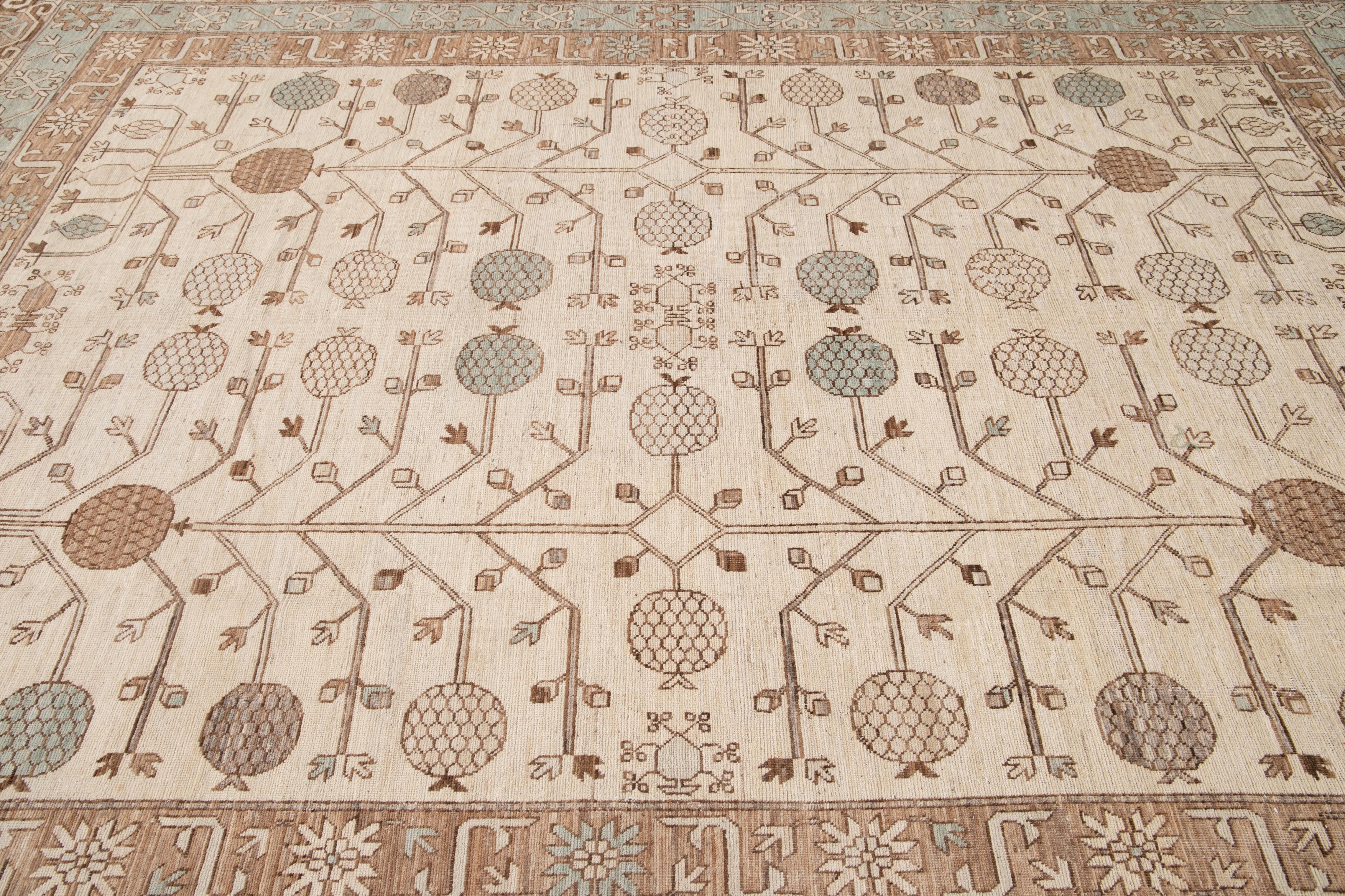 Beige Modern Khotan Style Handmade Geometric Wool Rug For Sale 1