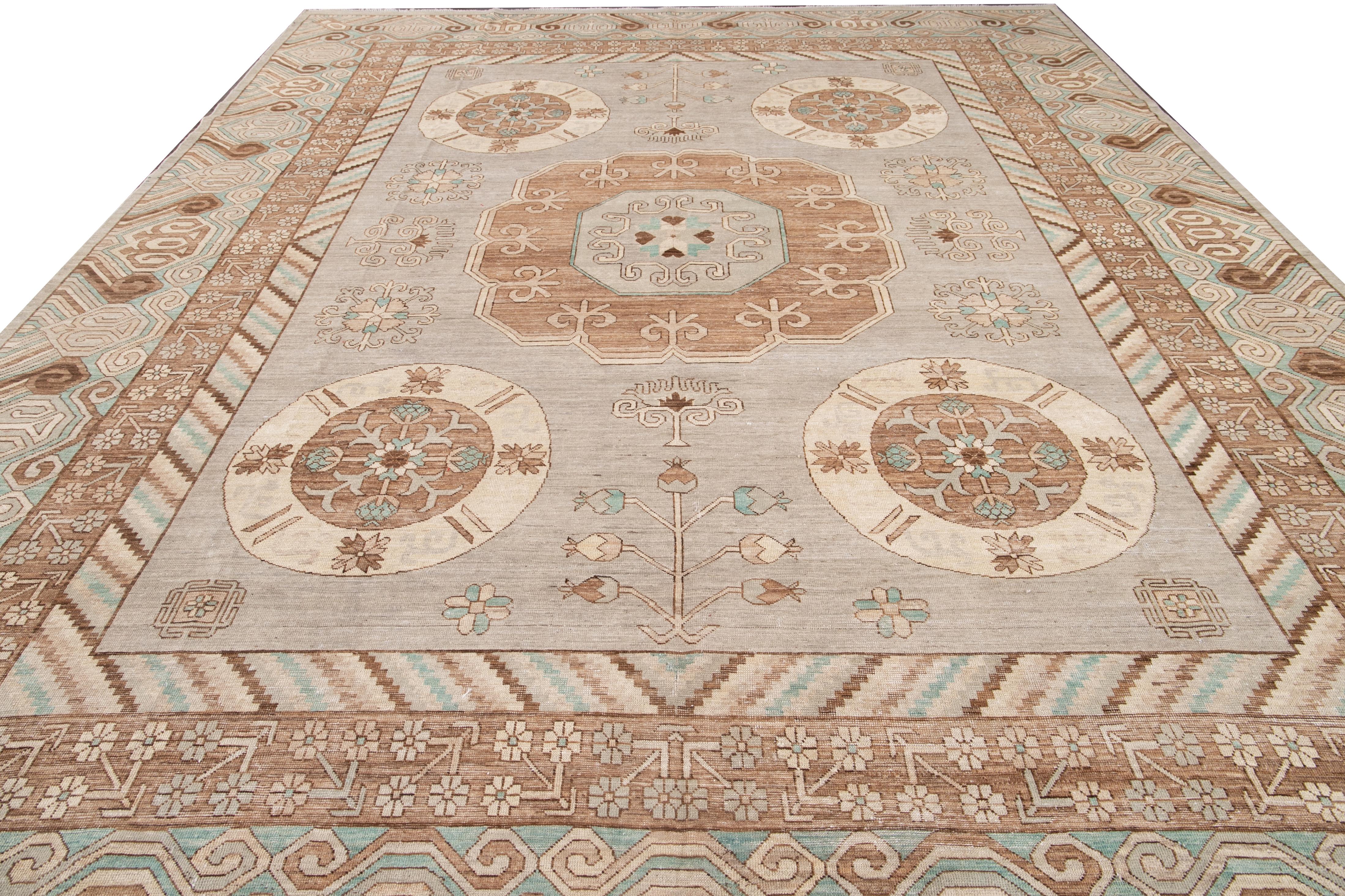 Afghan Beige Modern Khotan Style Handmade Wool Rug For Sale